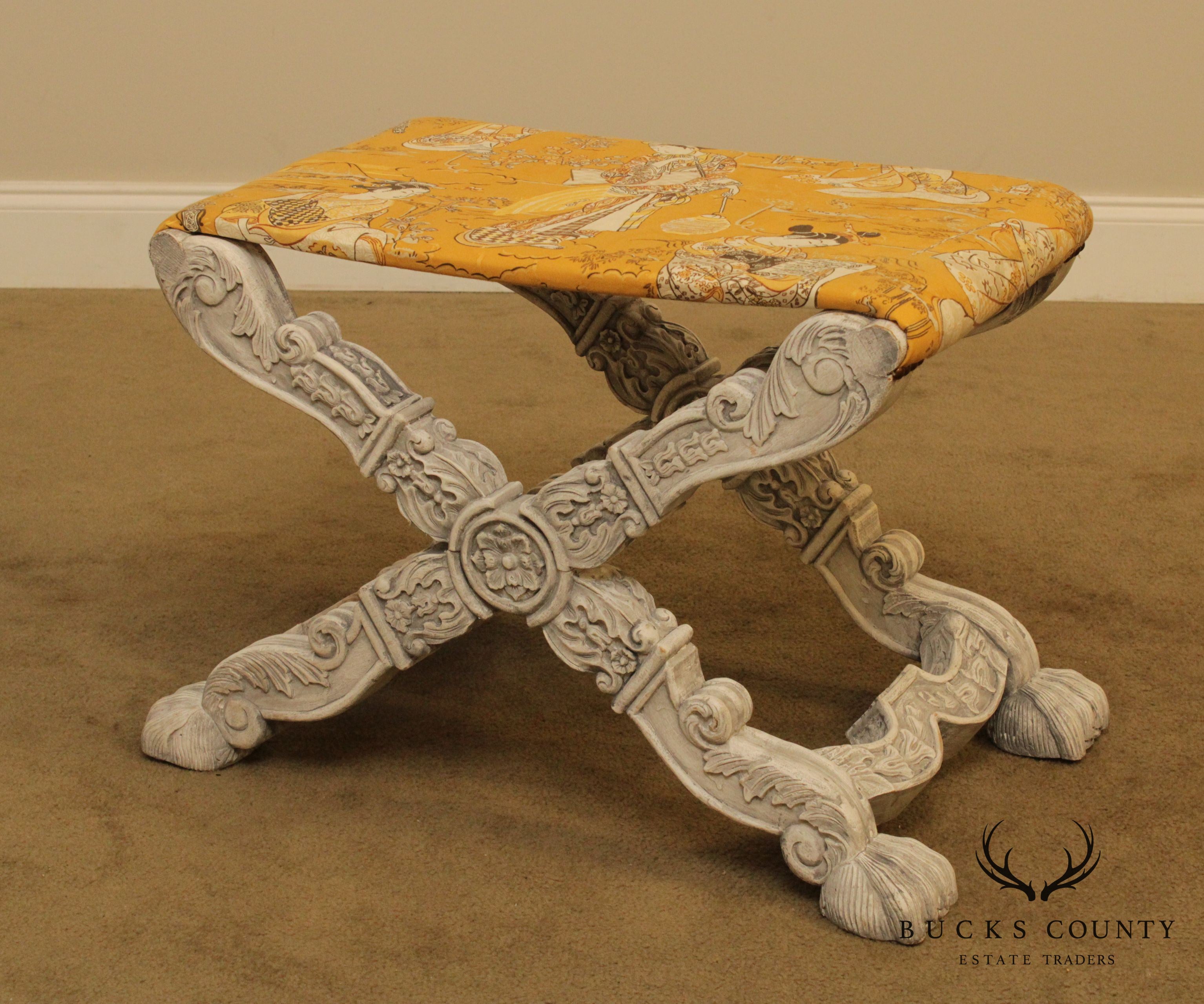 Italian Baroque Style Carved Pair X Base Benches or Stools