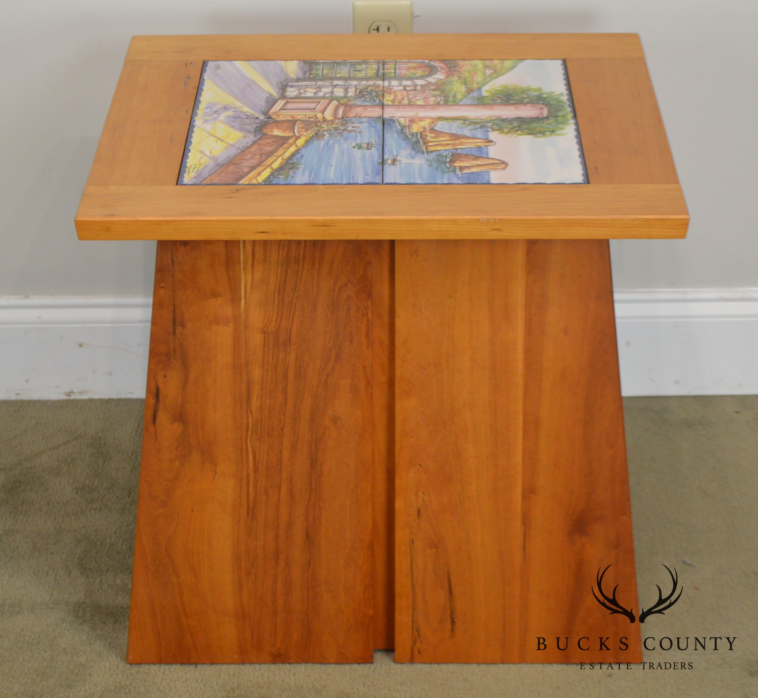 Studio Crafted Solid Cherry Square Side Tables W/ Hand Painted Italian Capri Tiles