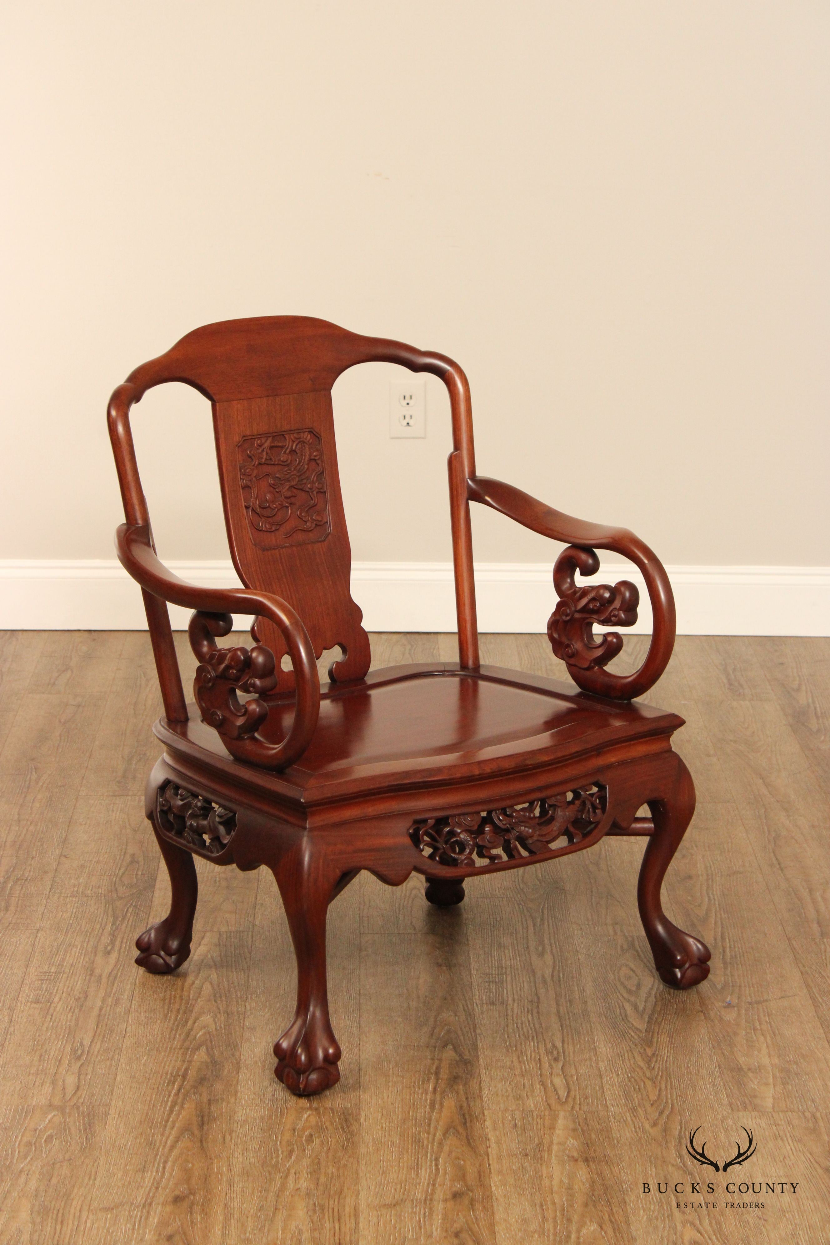 Chinese Pair of Carved Mahogany Throne Armchairs