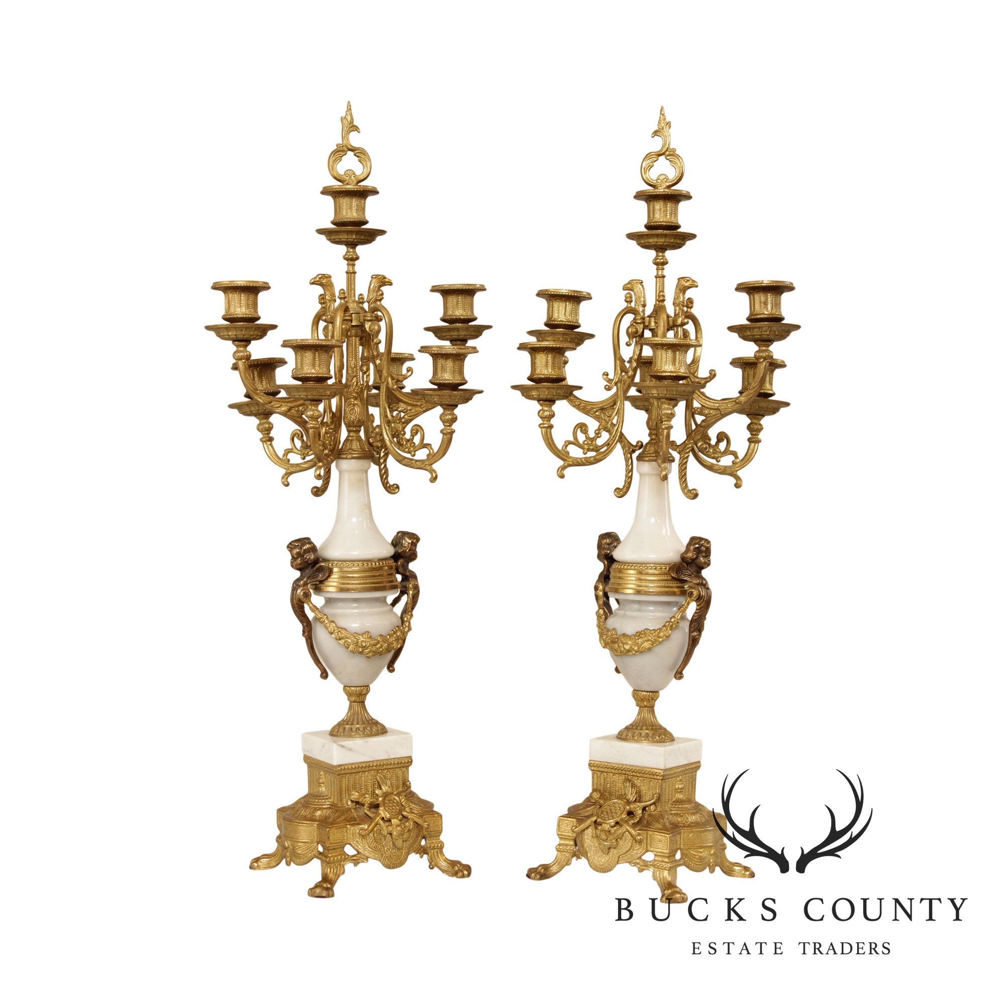 Quality Italian Gilt Bronze & Marble Pair Candelabra