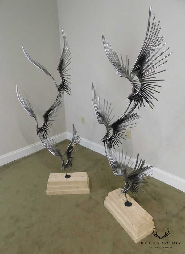 Curtis Jere "Birds in Flight" Pair Large Metal Sculptures on Travertine Bases
