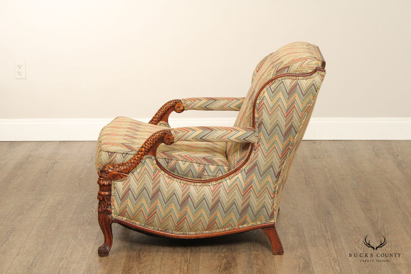 1930'S FRENCH REGENCY STYLE CARVED MAHOGANY LOUNGE CHAIR