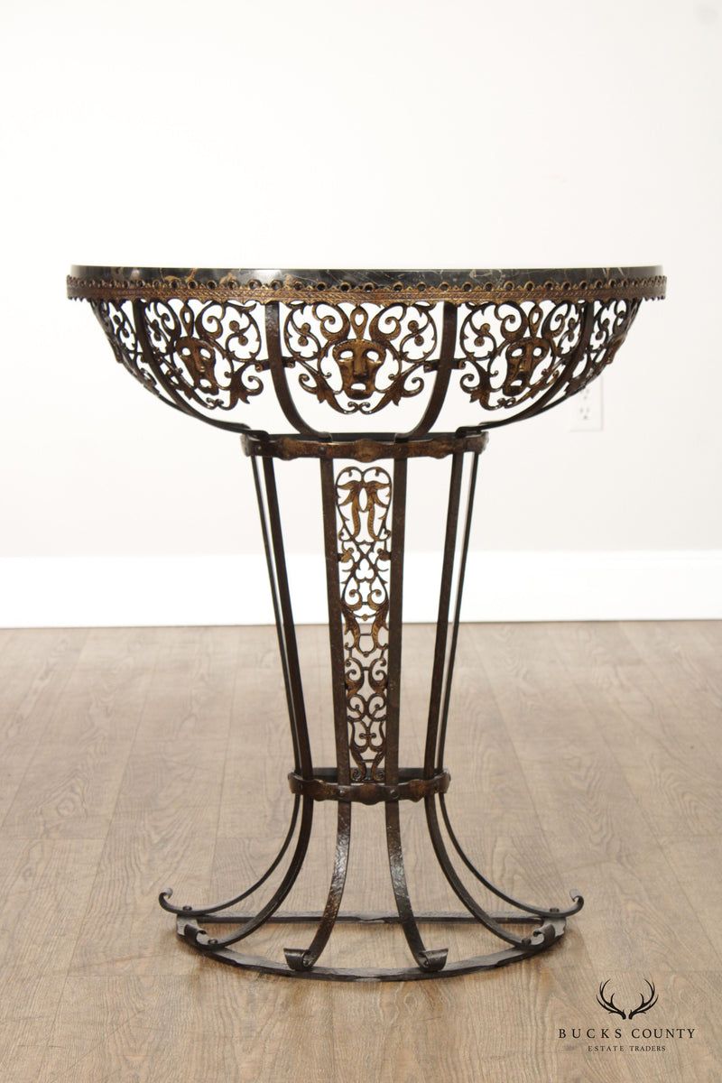 1920's Art Deco Marble Top Wrought Iron Demilune Console Table