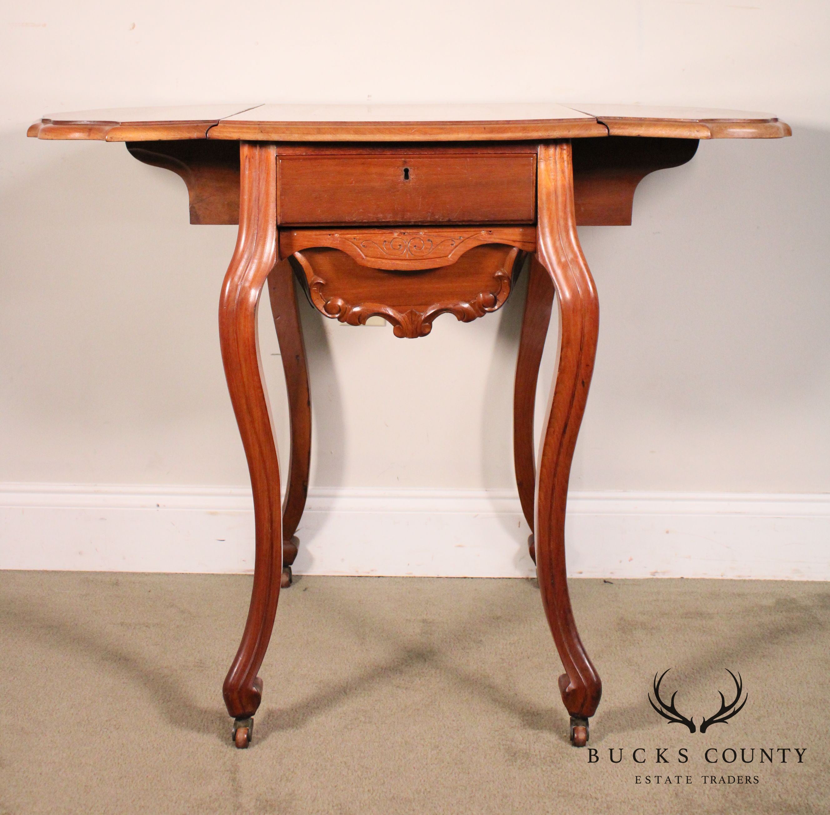 Antique Victorian Walnut Dropleaf Sewing Stand Side Table