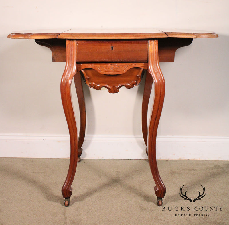 Antique Victorian Walnut Dropleaf Sewing Stand Side Table