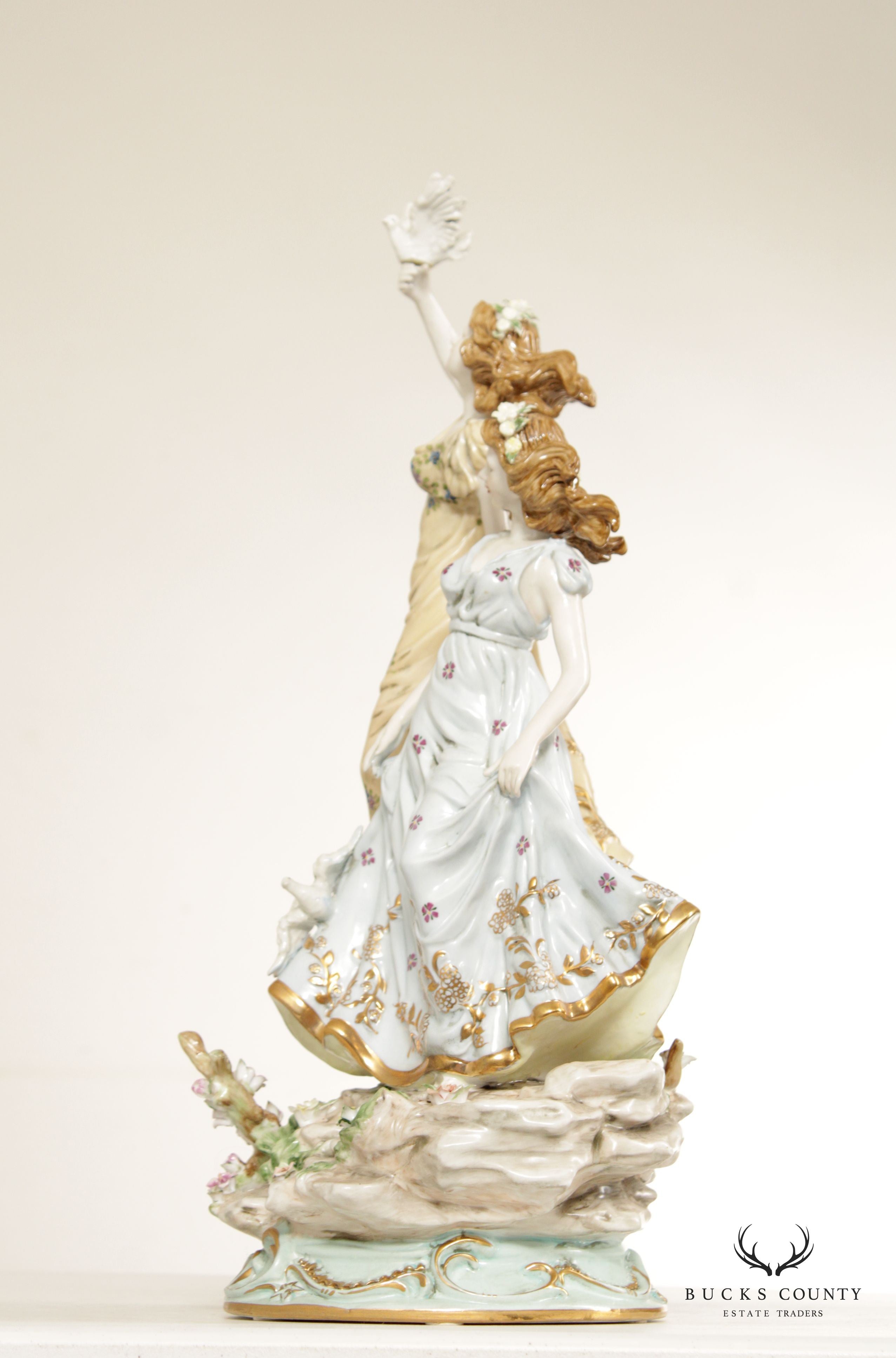 Rococo Style Ladies with Dove Porcelain Figurines