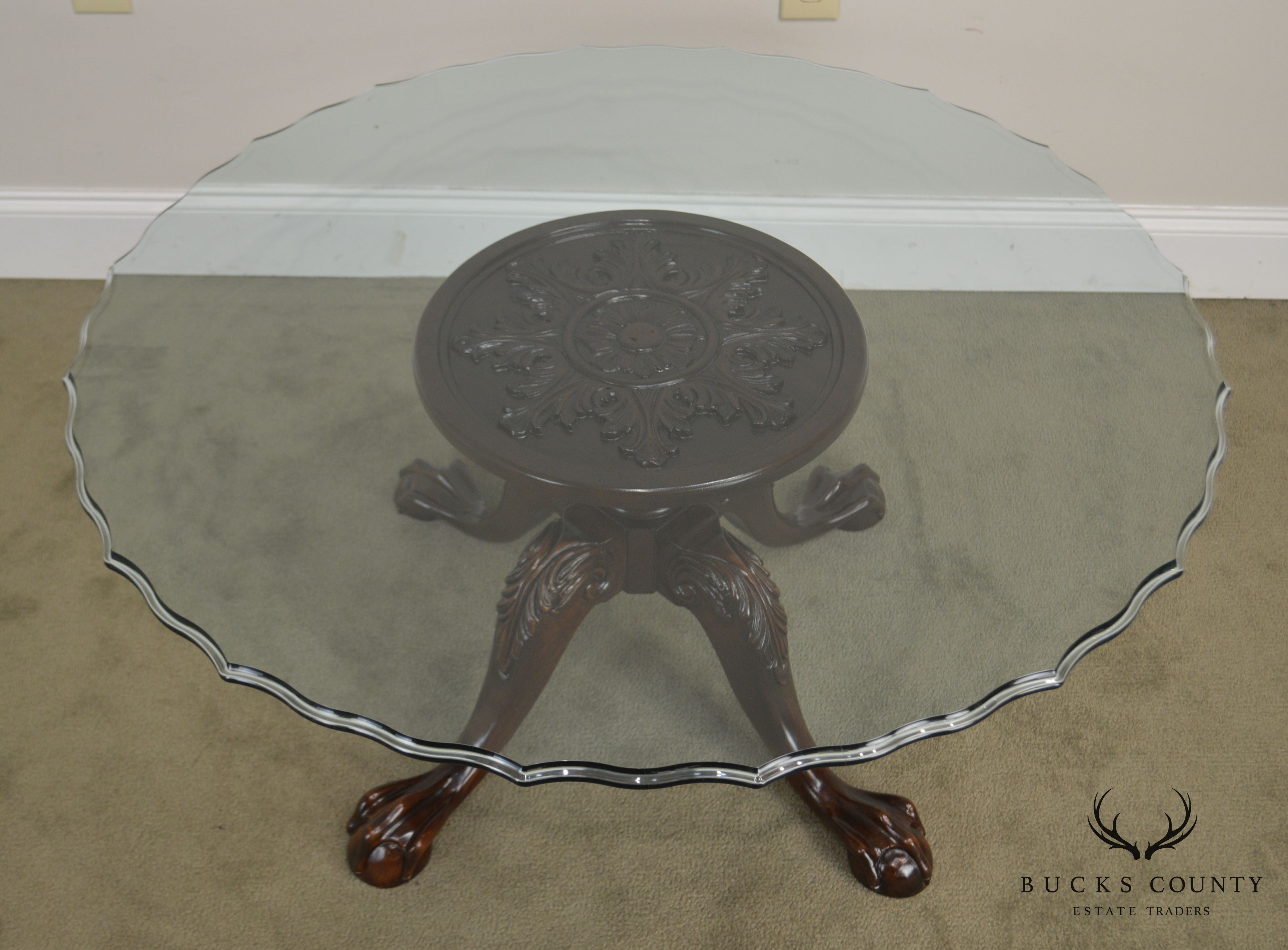 Carved Mahogany Ball & Claw Chippendale Style Glass Top Coffee Table