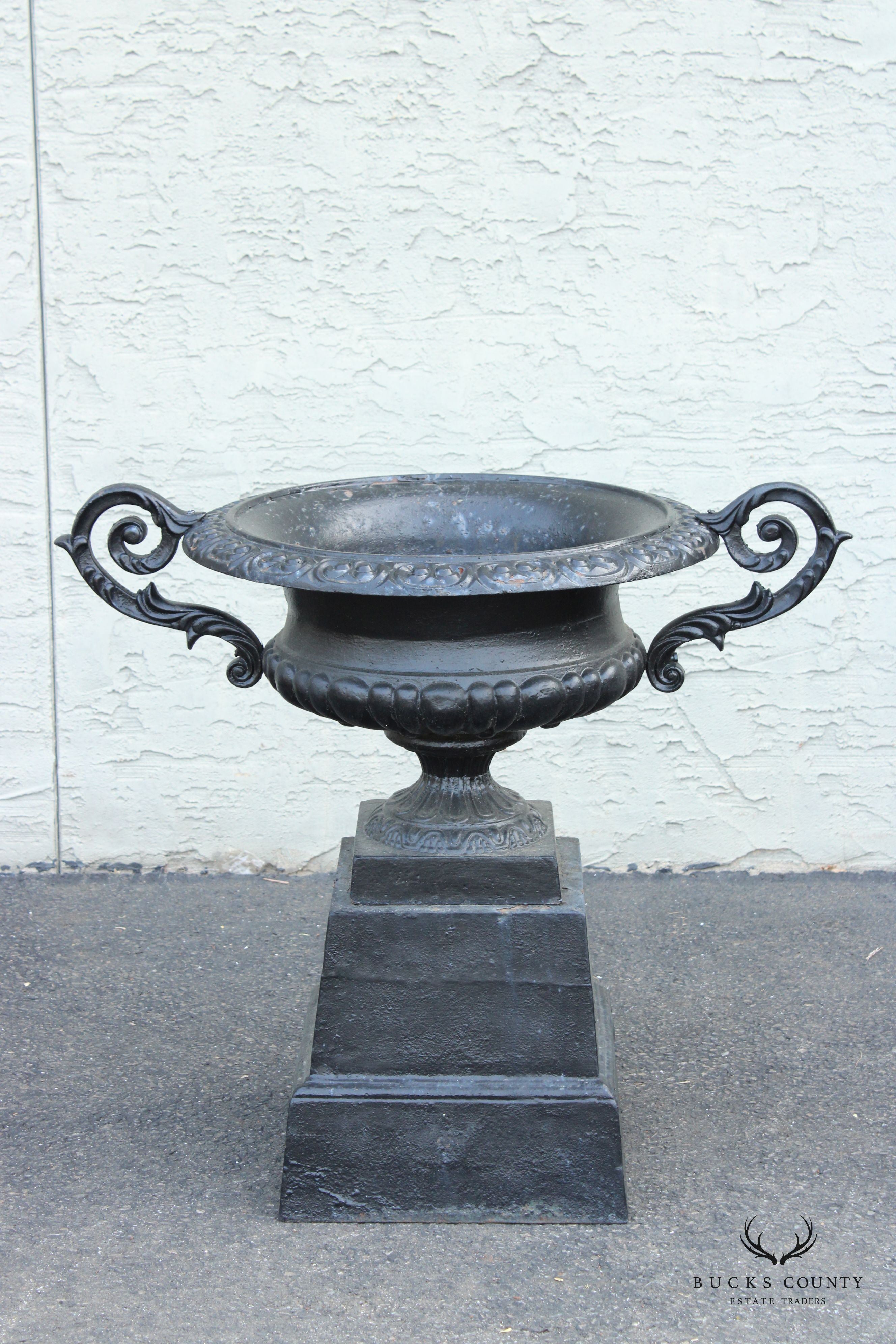 Neoclassical Style Pair of Cast Iron Outdoor Garden Urns