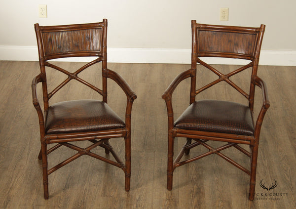 Vintage Rattan and Embossed Leather Pair Armchairs