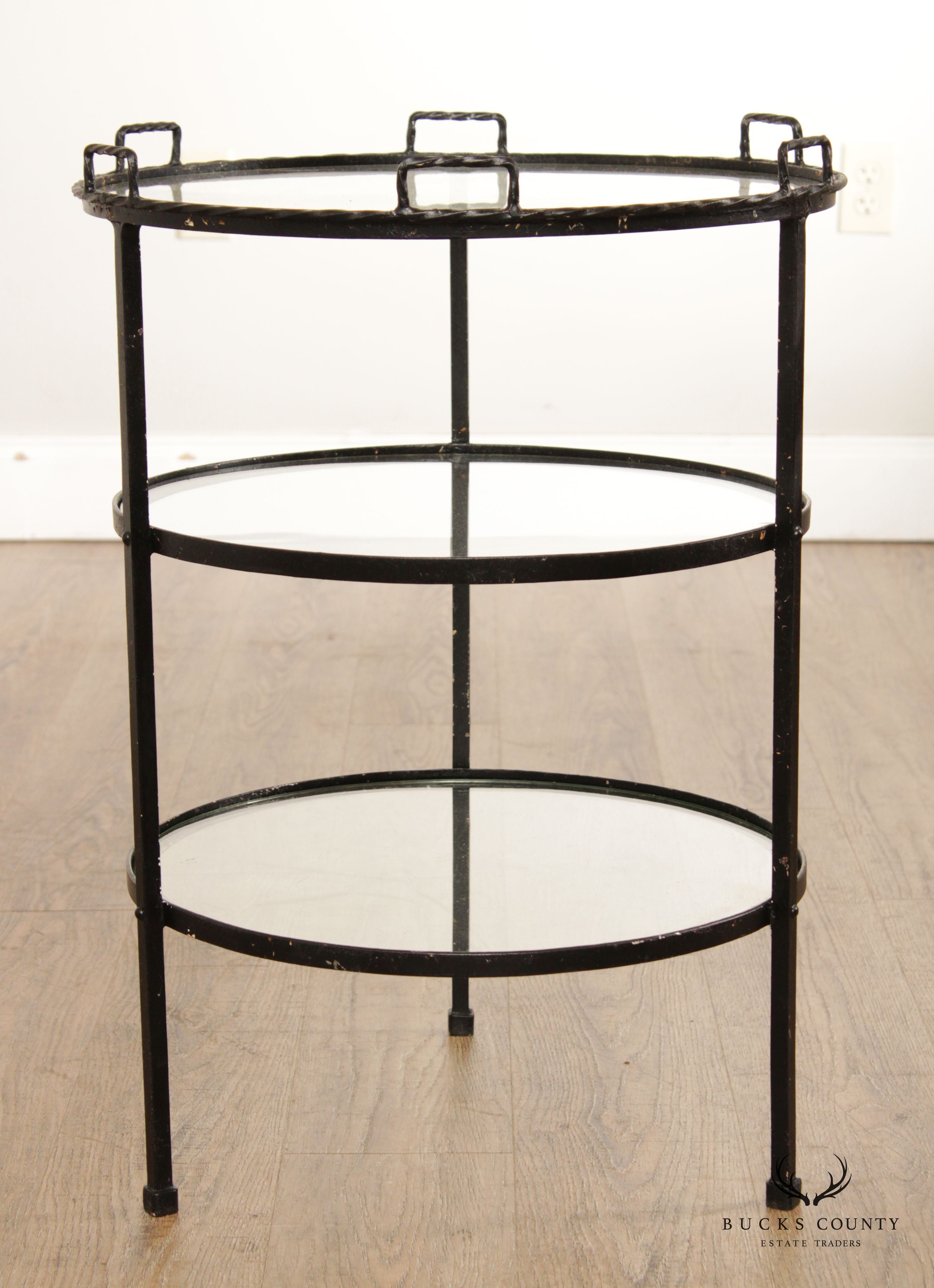 Mid Century Modern Wrought Iron & Glass Tiered Round Side Table