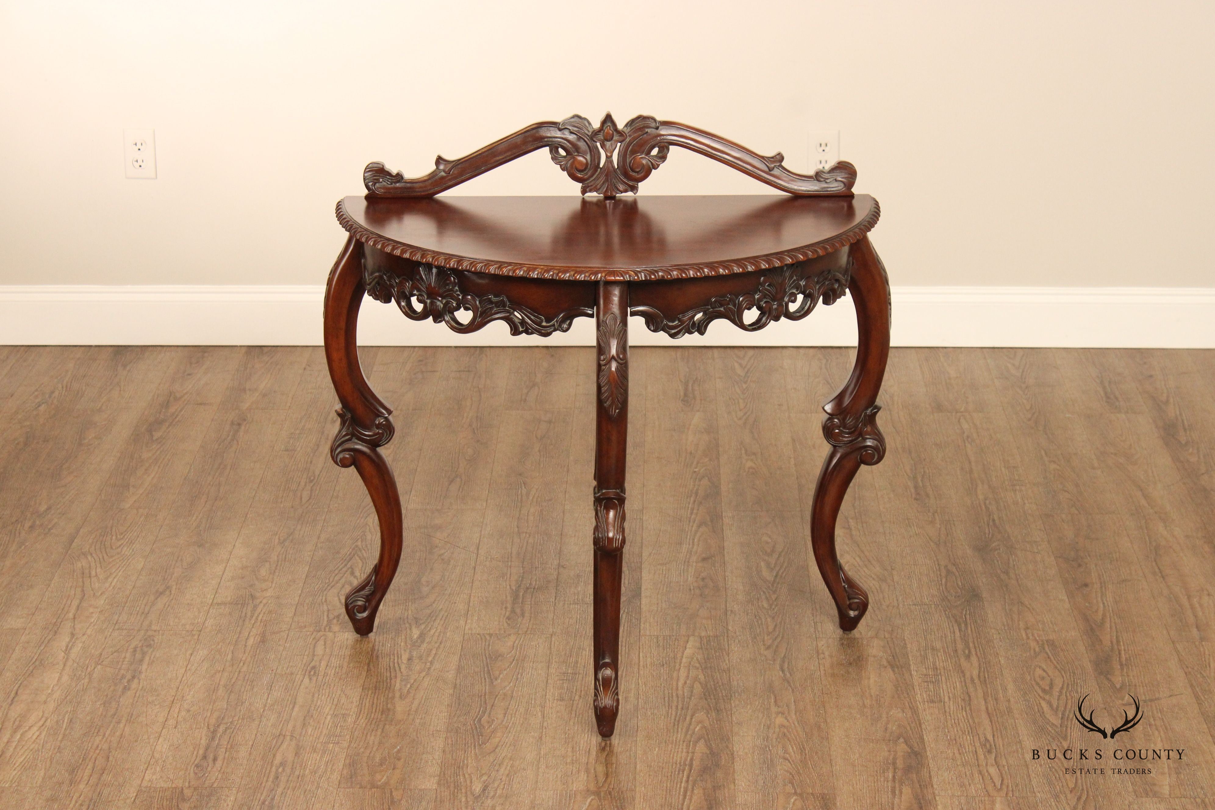 Italian Rococo Style Carved Mahogany Demilune Console Table