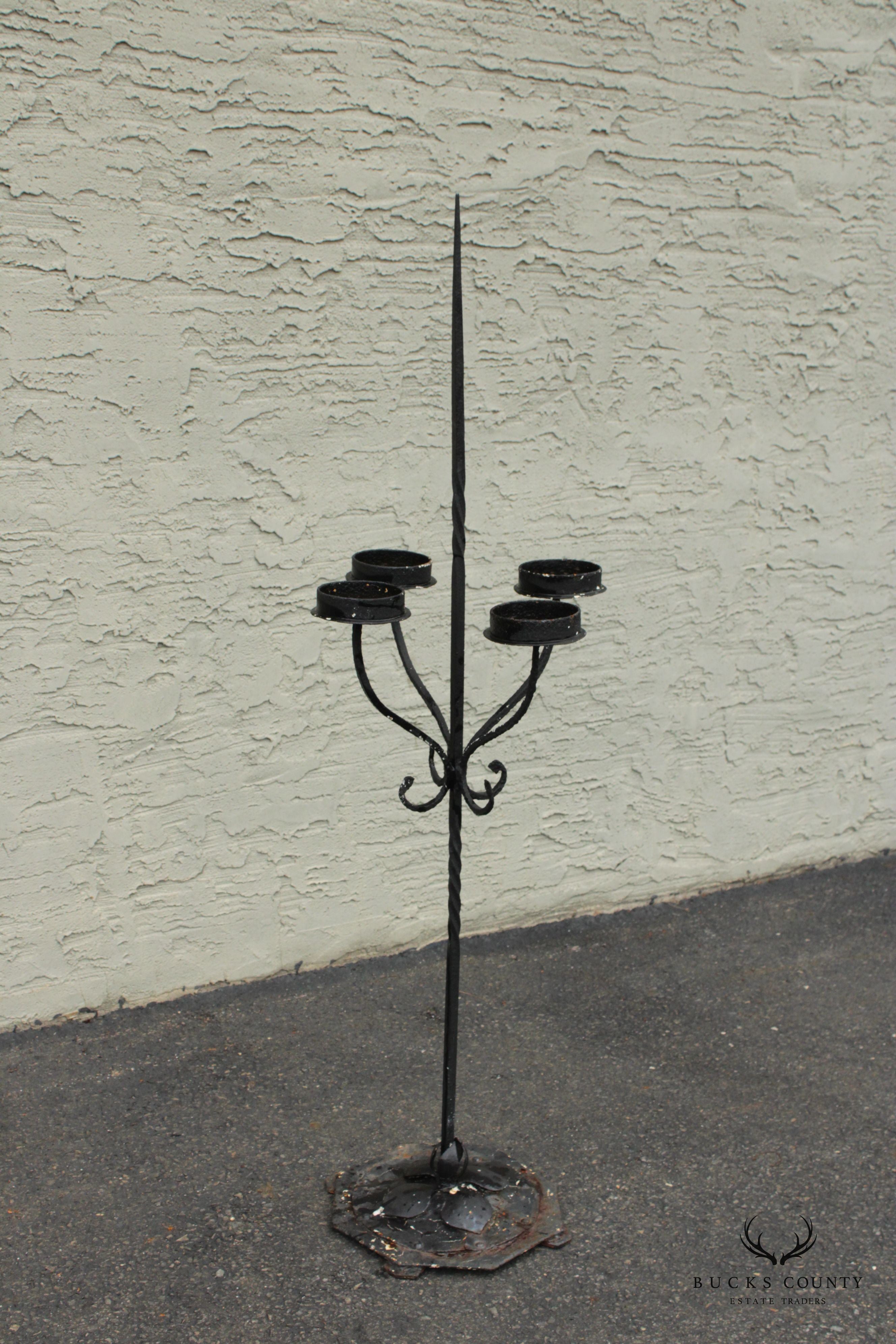 Gothic Revival Style Wrought Iron Outdoor Pillar Floor Candelabrum