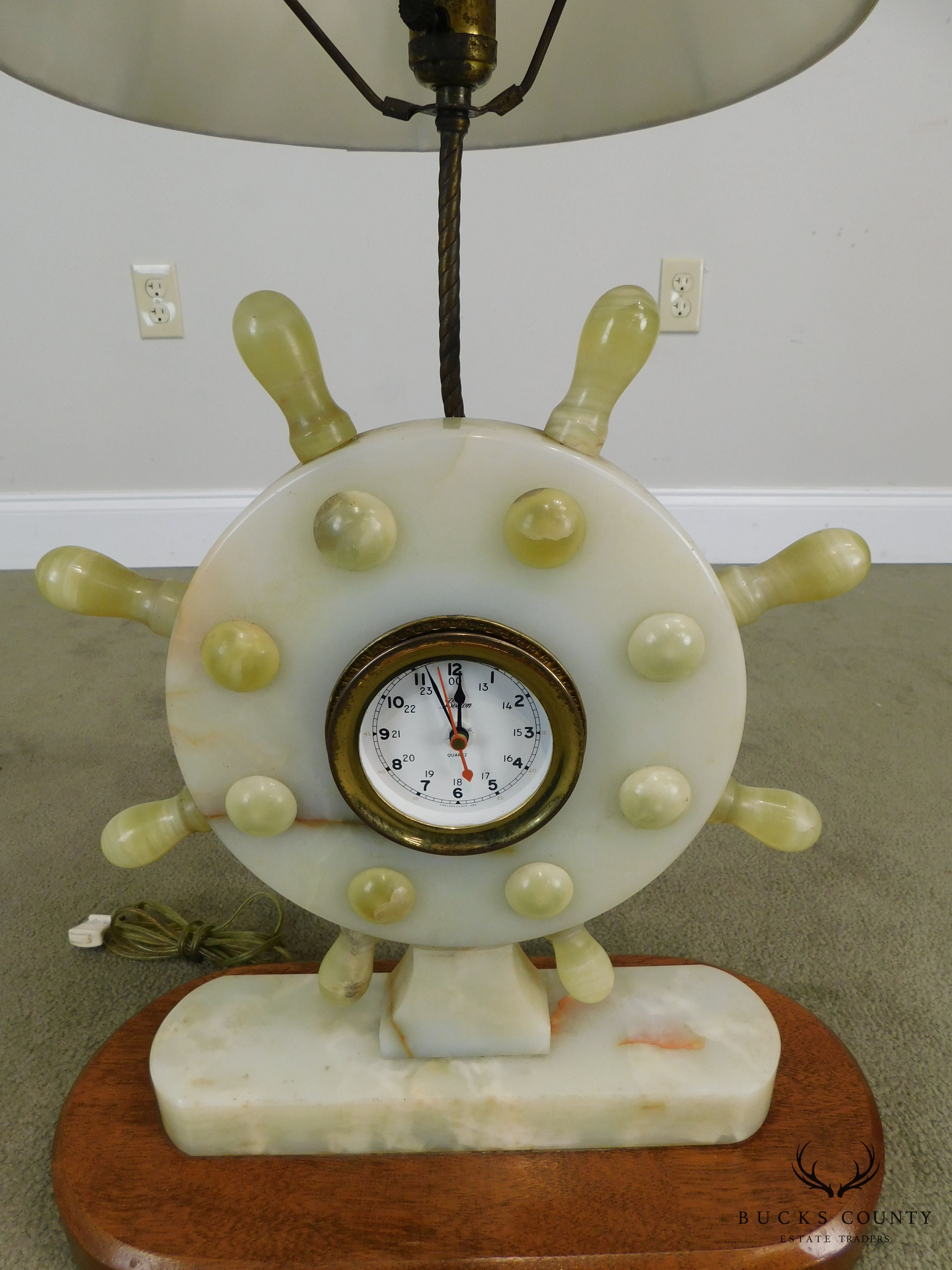 Vintage Nautical Onyx Ships Wheel Table Lamp Clock