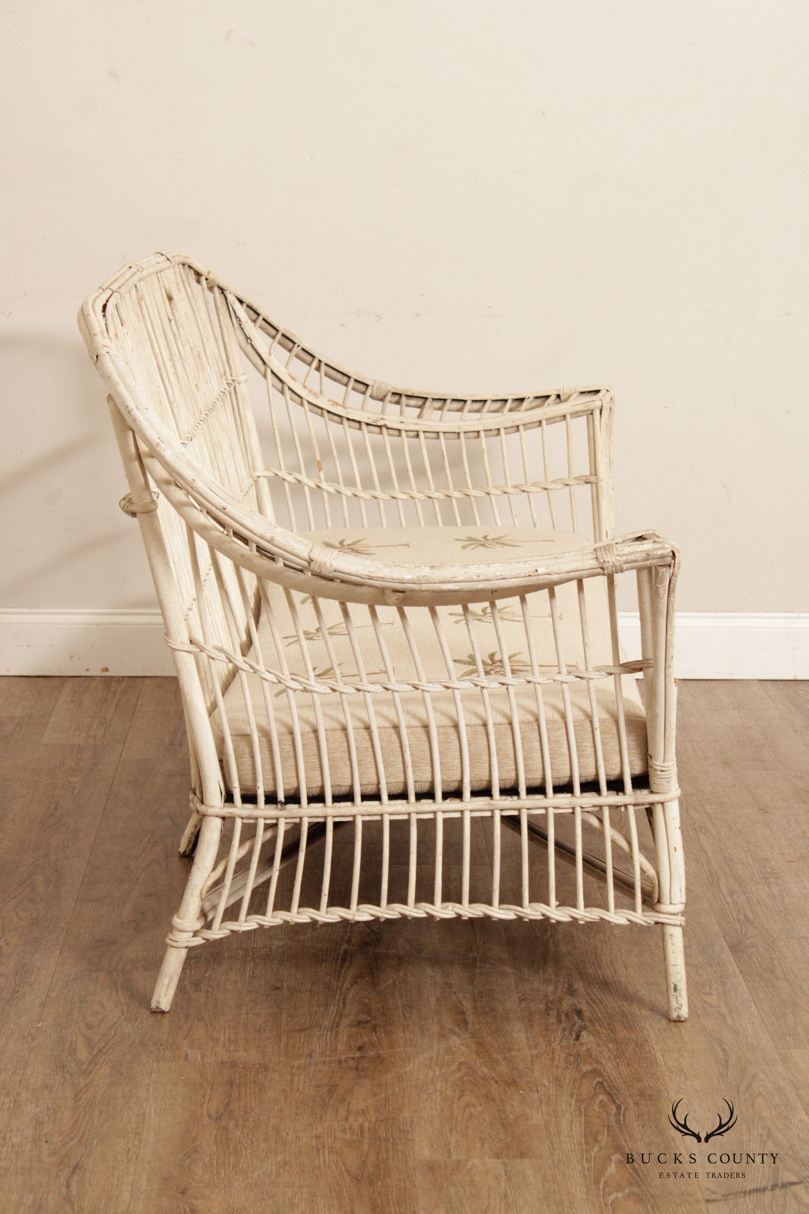 Vintage Coastal White Painted Split Reed Wicker Rattan Sofa