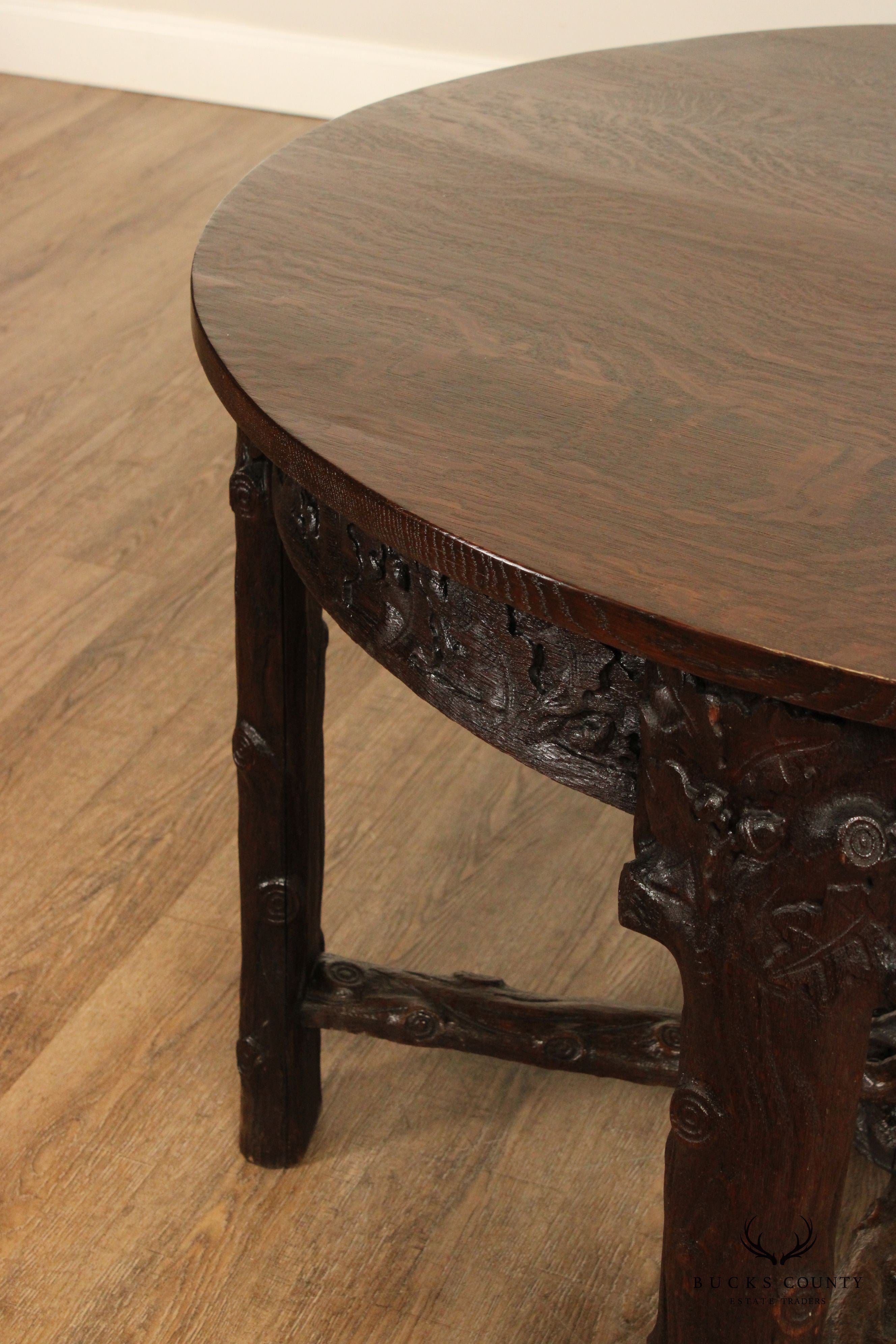 Antique American Black Forest Style Carved Oak Round Dining Table