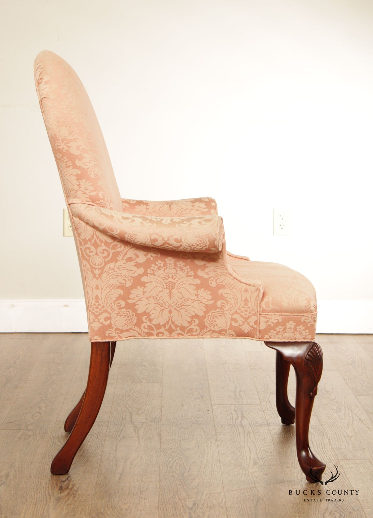 Queen Anne Style Custom Upholstered Carved Mahogany Armchair