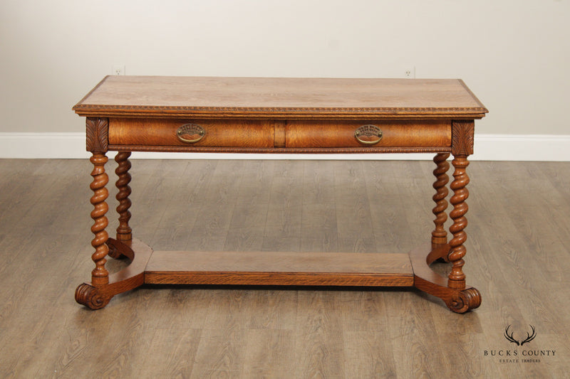 Antique Jacobean Style Carved Oak Barley Twist Library Table