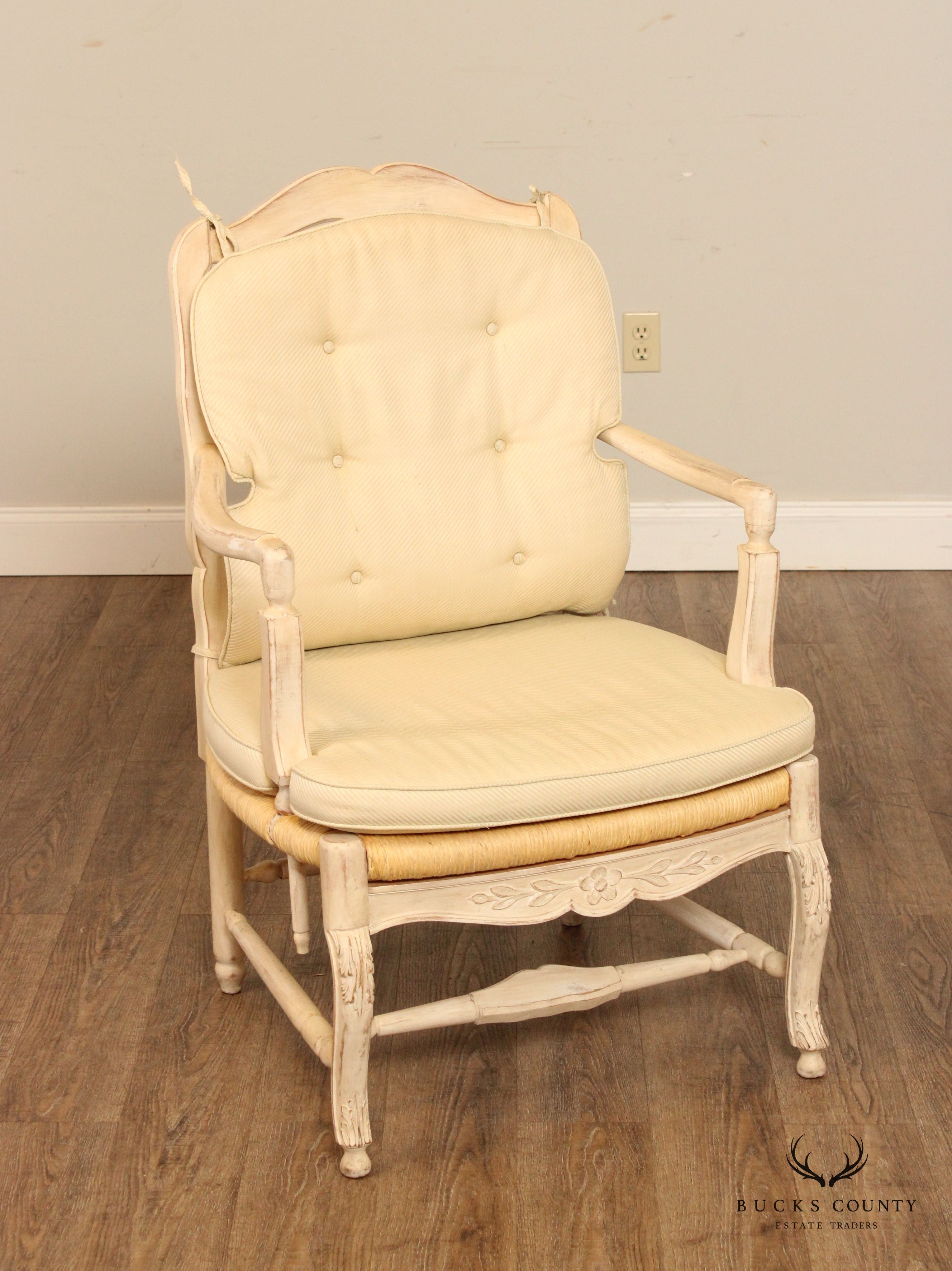 French Country Style Pair of Carved and Painted Armchairs