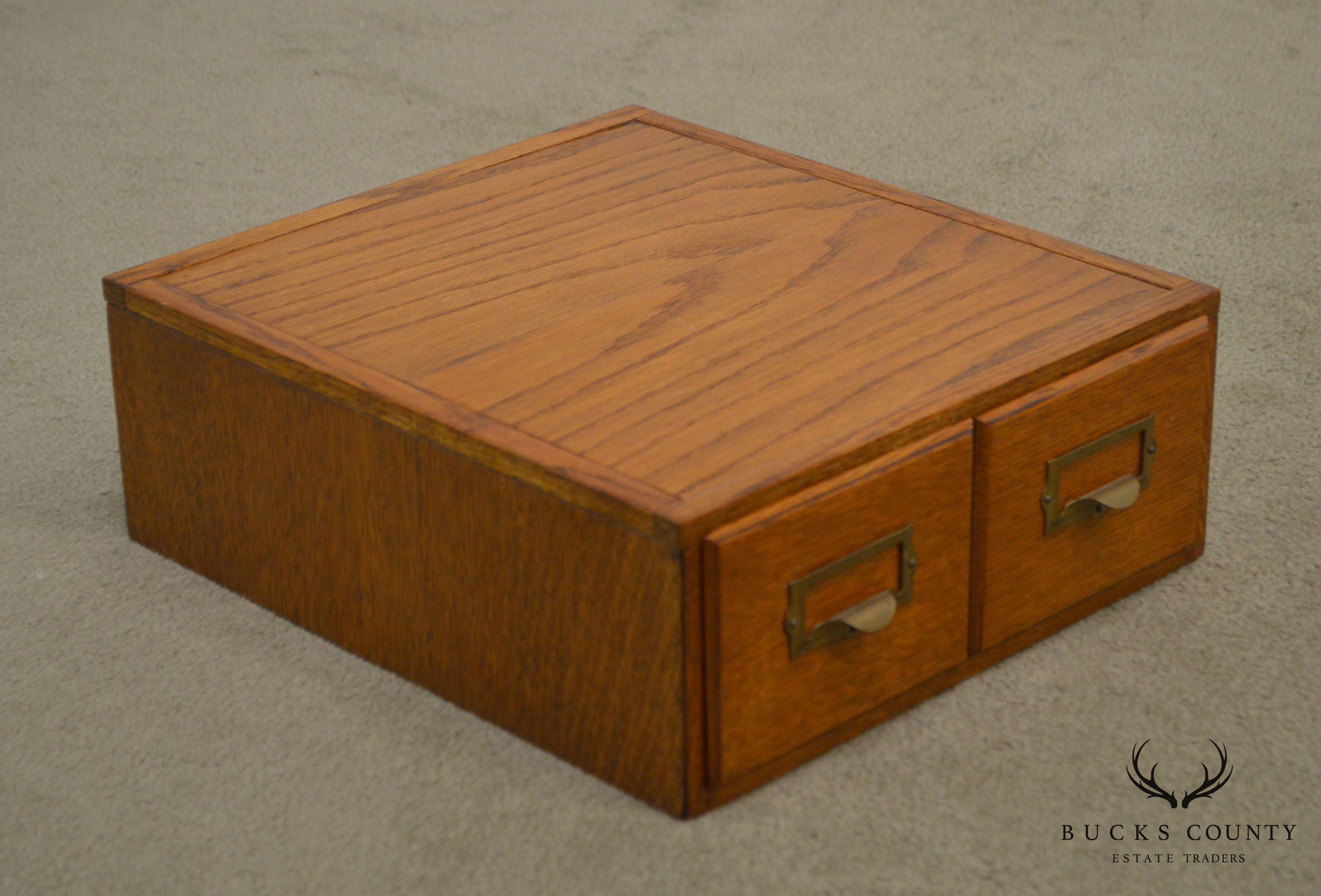 Antique Oak Desktop 2 Drawer Library Card File Cabinet