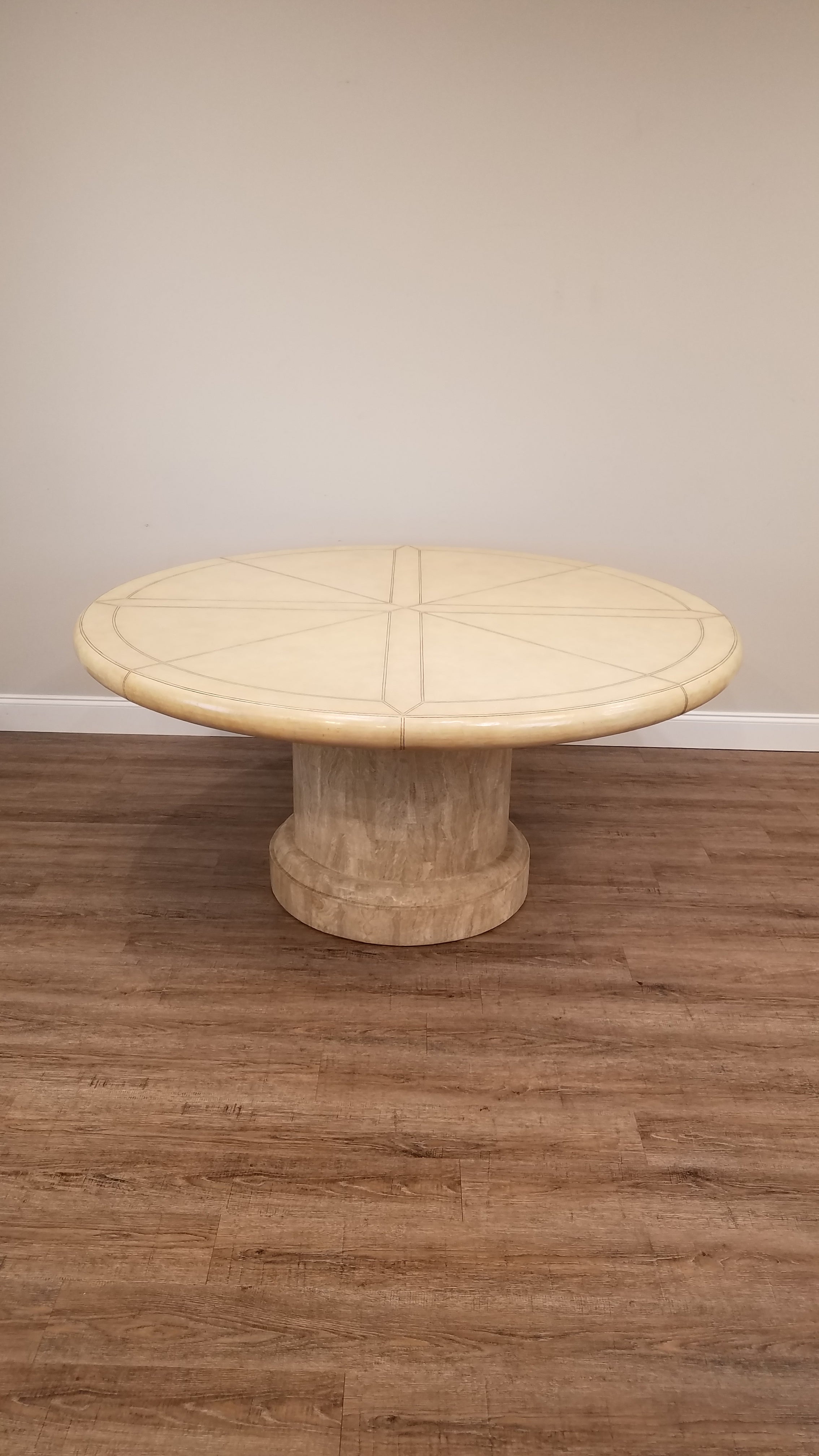 Maitland Smith Vintage 64" Round Leather Top Dining Table W/ Tesselated Stone Base