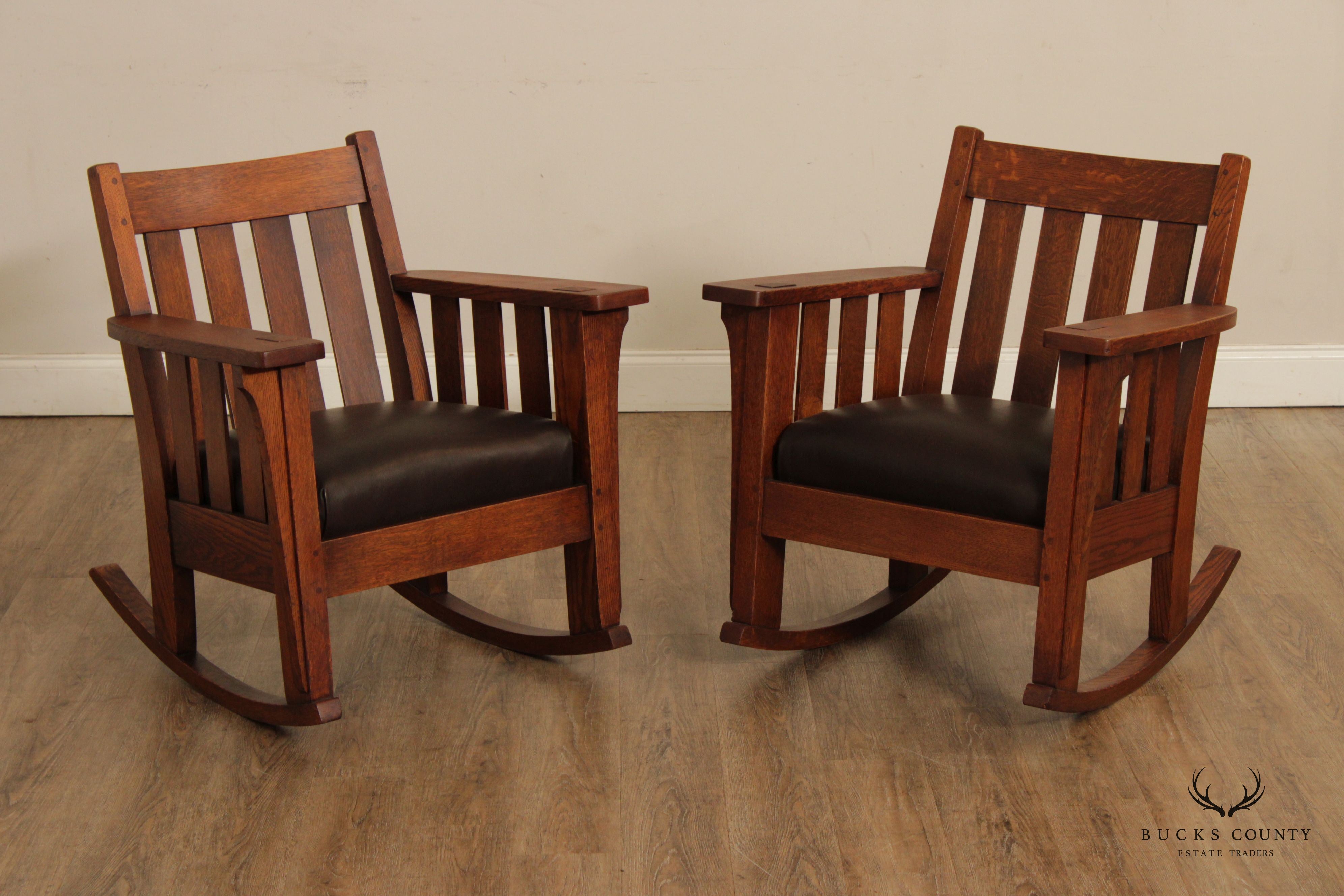 Harden Antique Mission Oak And Leather Pair Of Rockers