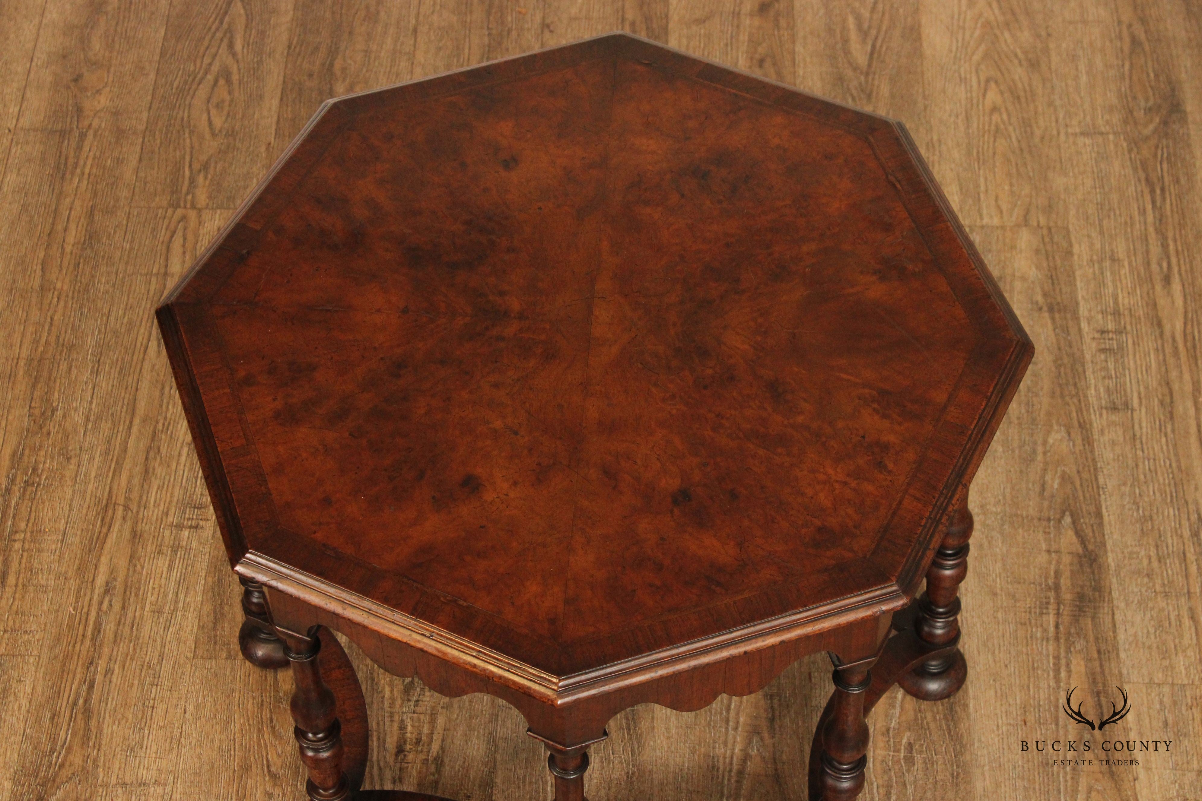 English William & Mary Style Carved Walnut Octagonal Coffee Table