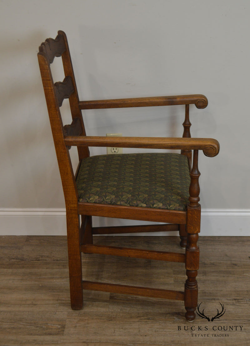 French Country Style Antique Pair Oak Ladder Back Armchairs