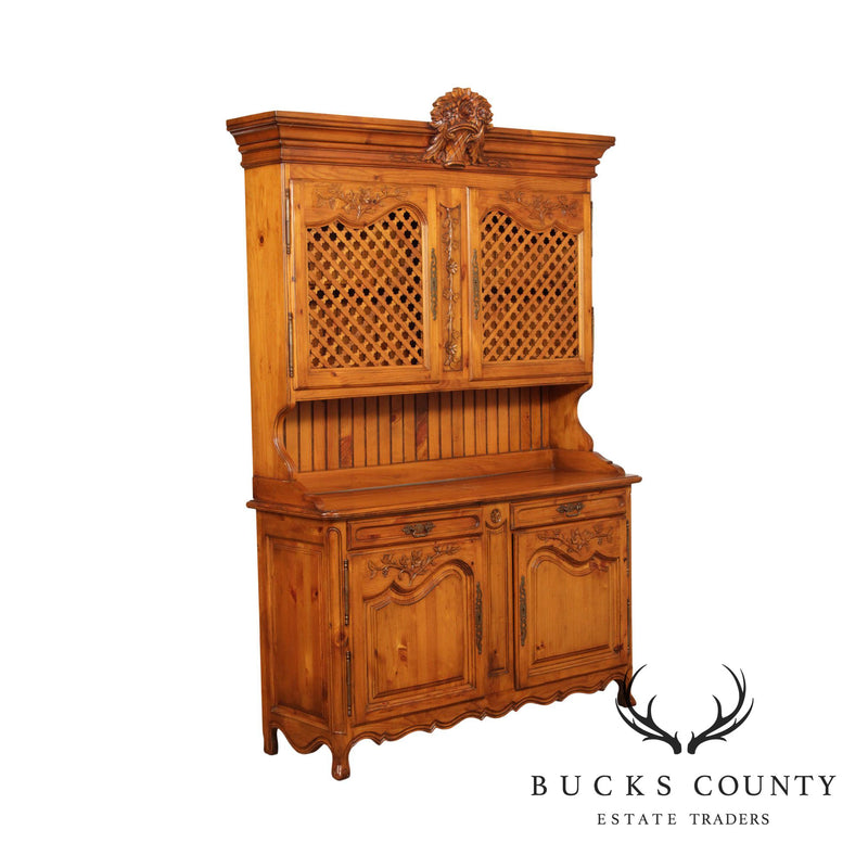 French Country Provincial Style Pine Carved Buffet Hutch Cabinet