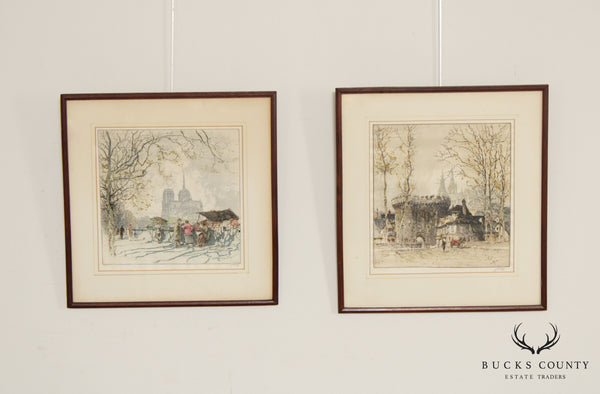 European Street Scene Color Etchings by Franz Xaver Wolf