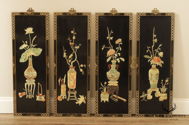 Vintage Chinese Lacquered Carved Soapstone Panels