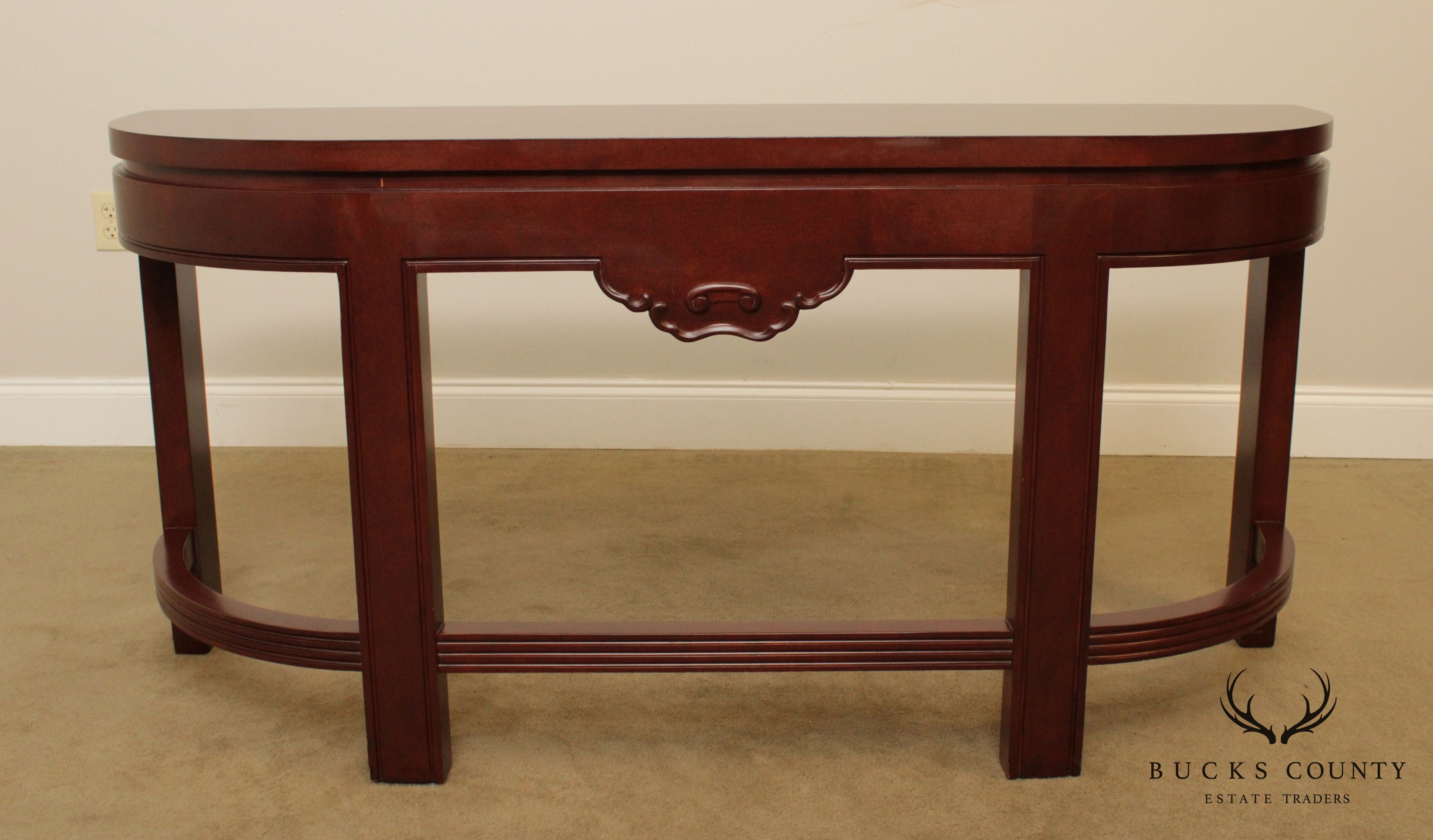 Asian Influenced Mahogany 60 inch Demilune Console Table