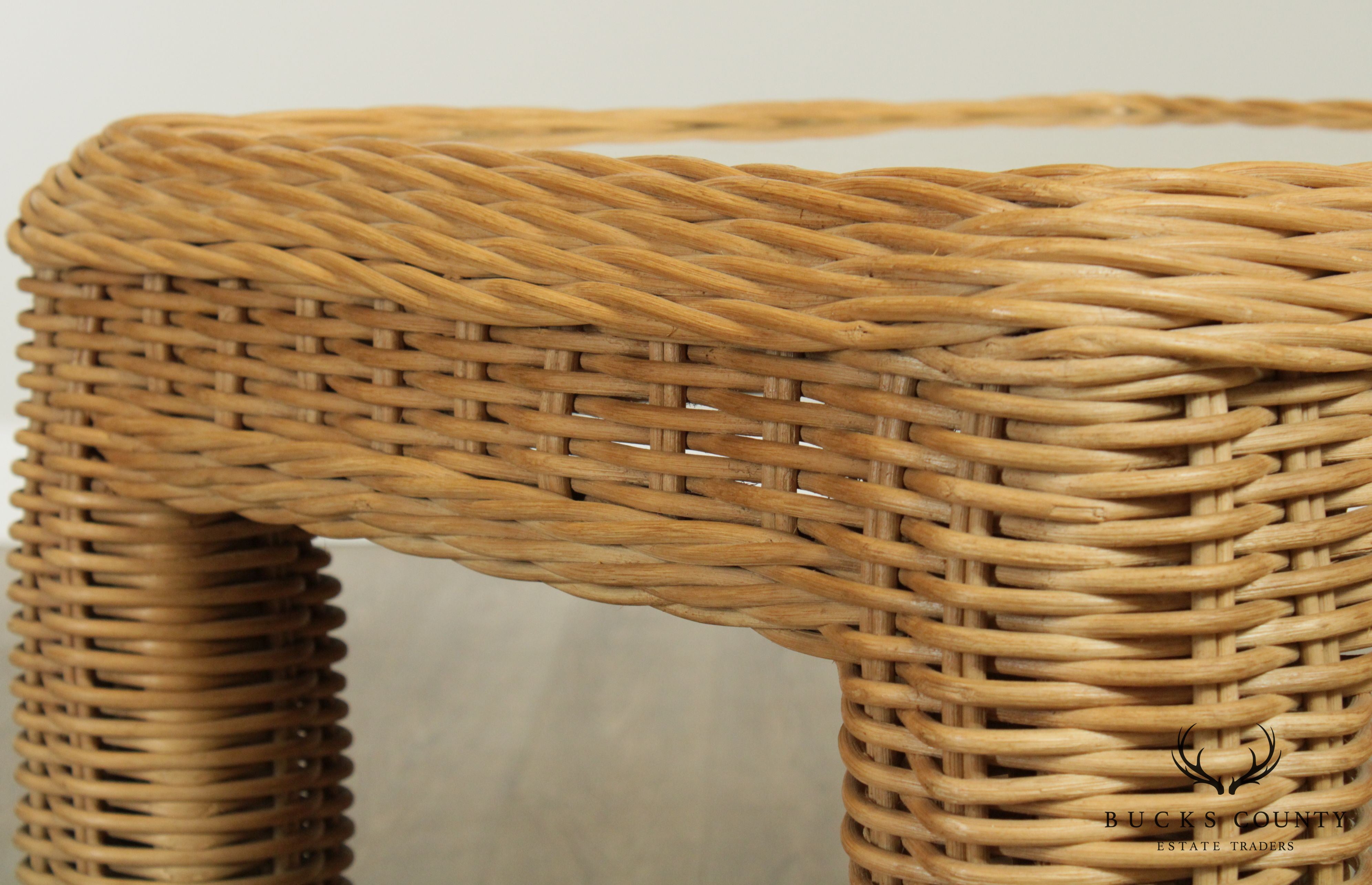 Quality Vintage Pair Square Wicker Side Tables