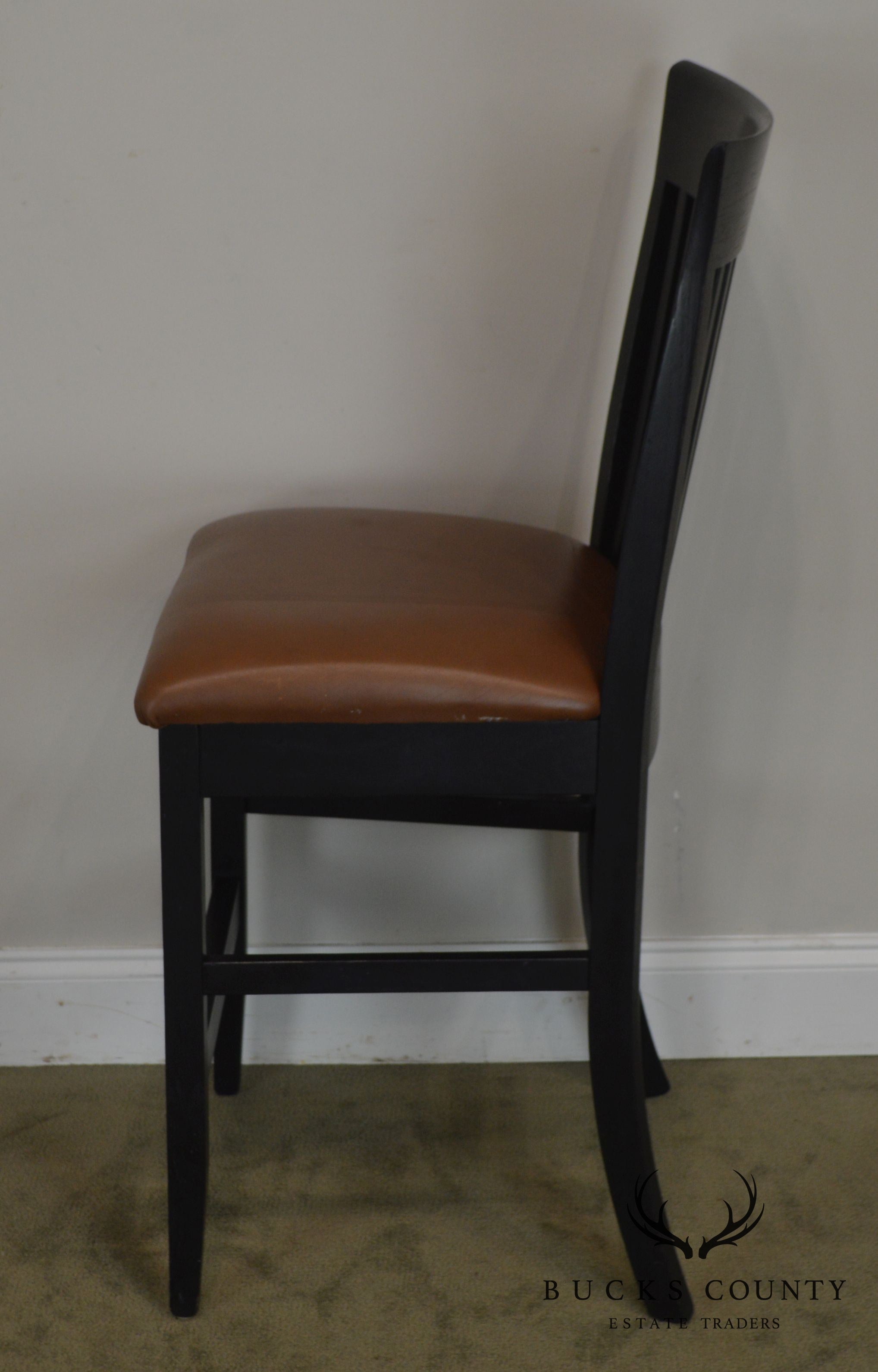 F & N Woodworking Pair Black Bar Stools with Brown Leather Seats