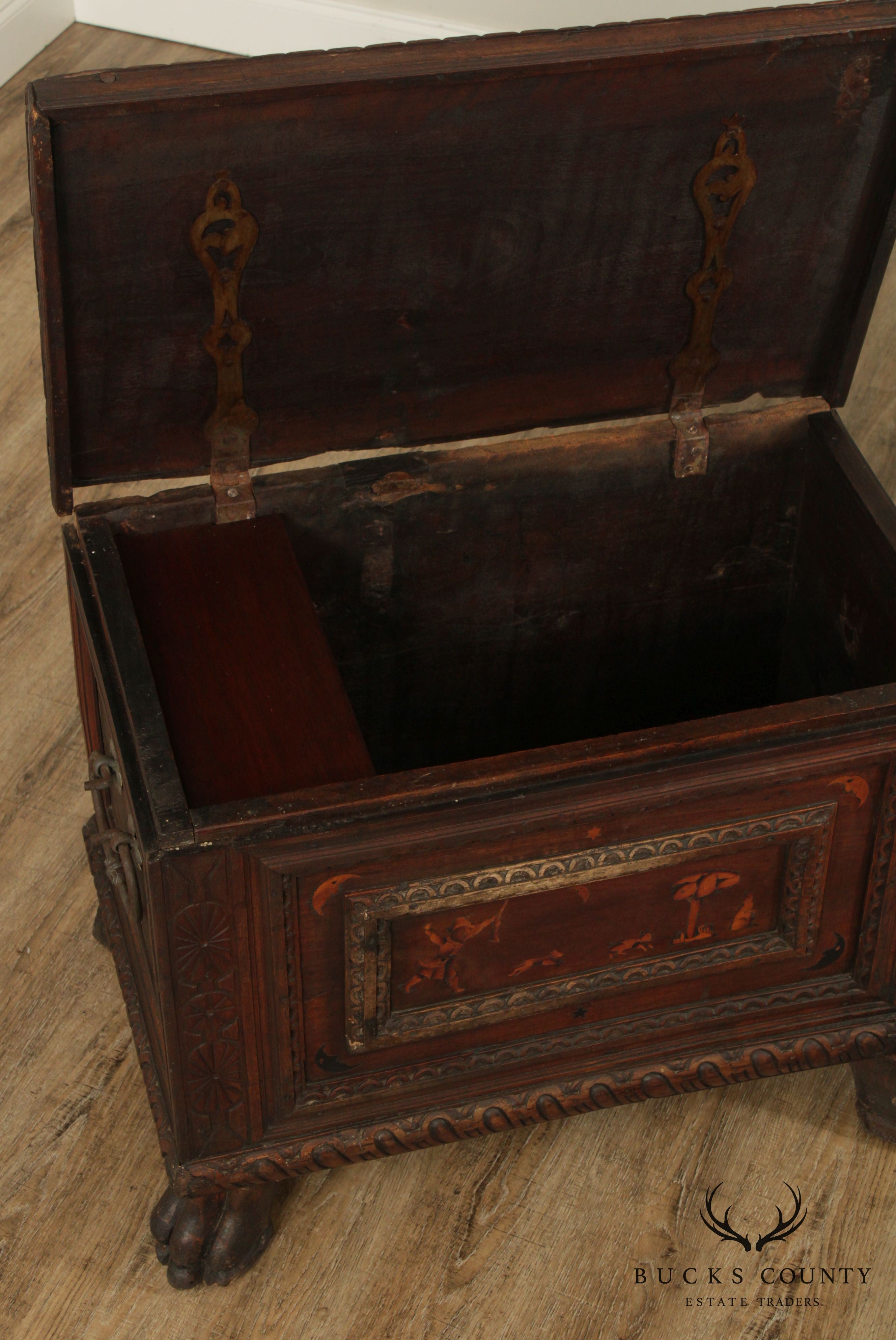 Antique Italian Renaissance Walnut Inlaid Cassone Chest