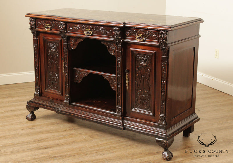 Antique Italian Renaissance Revival Carved Mahogany Marble Top Sideboard