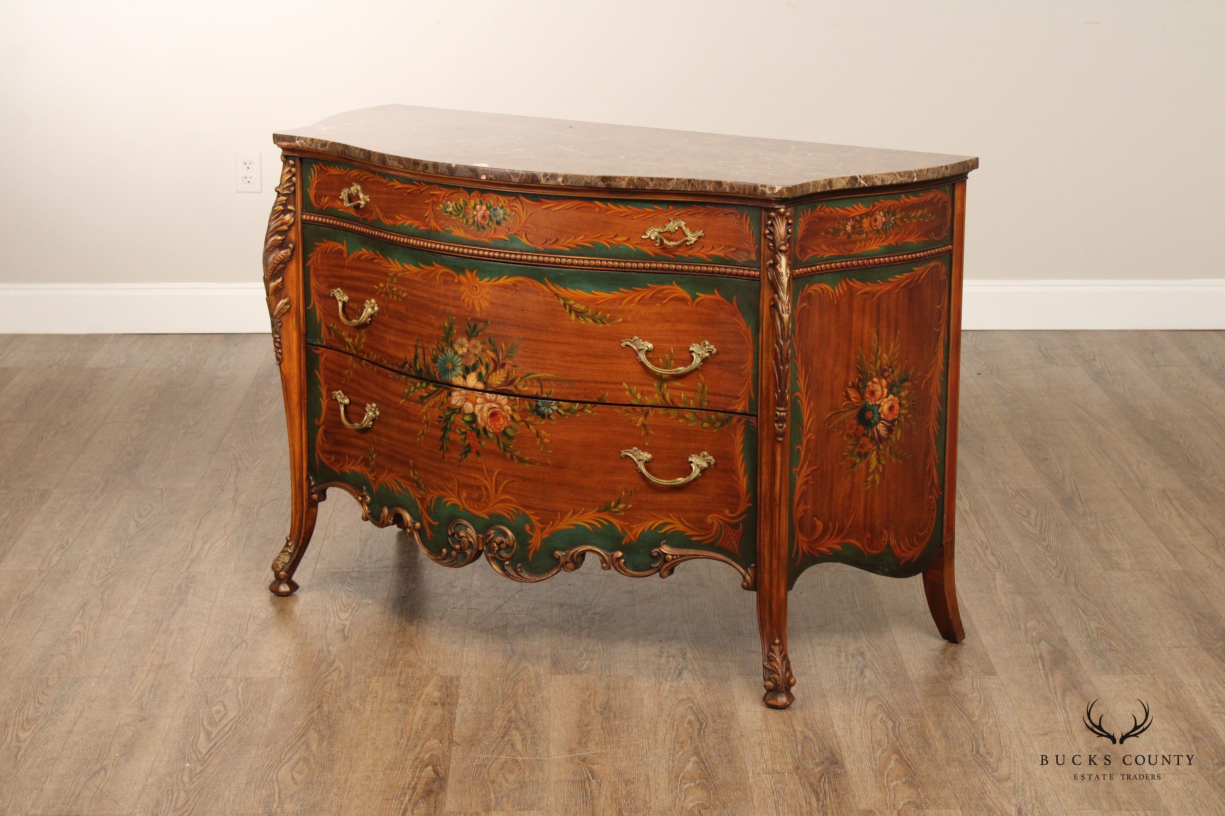 French Louis XV Style Paint Decorated Marble Top Commode