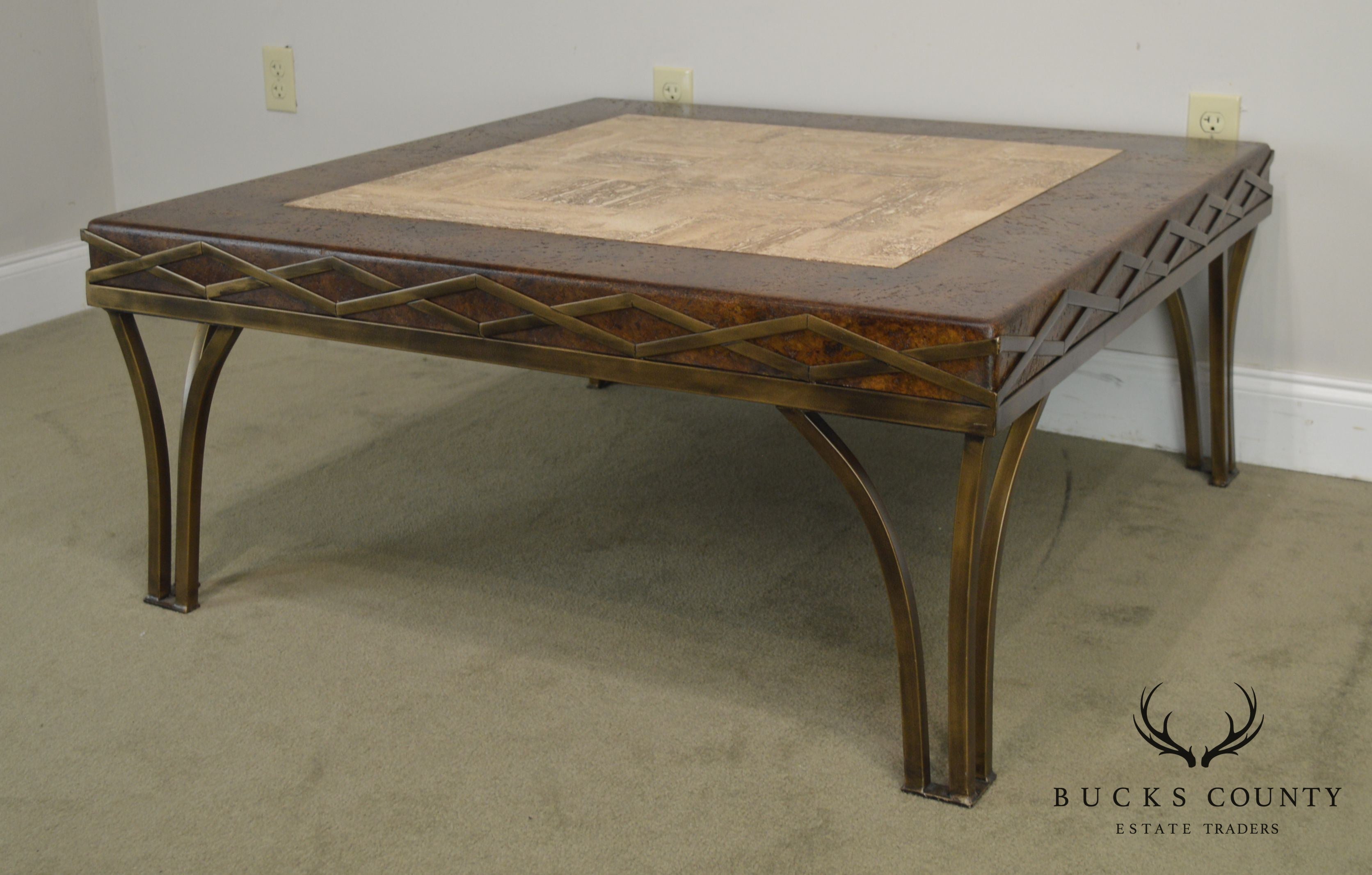 Iron Square Coffee Table with Cork & Tessellated Travertine Top