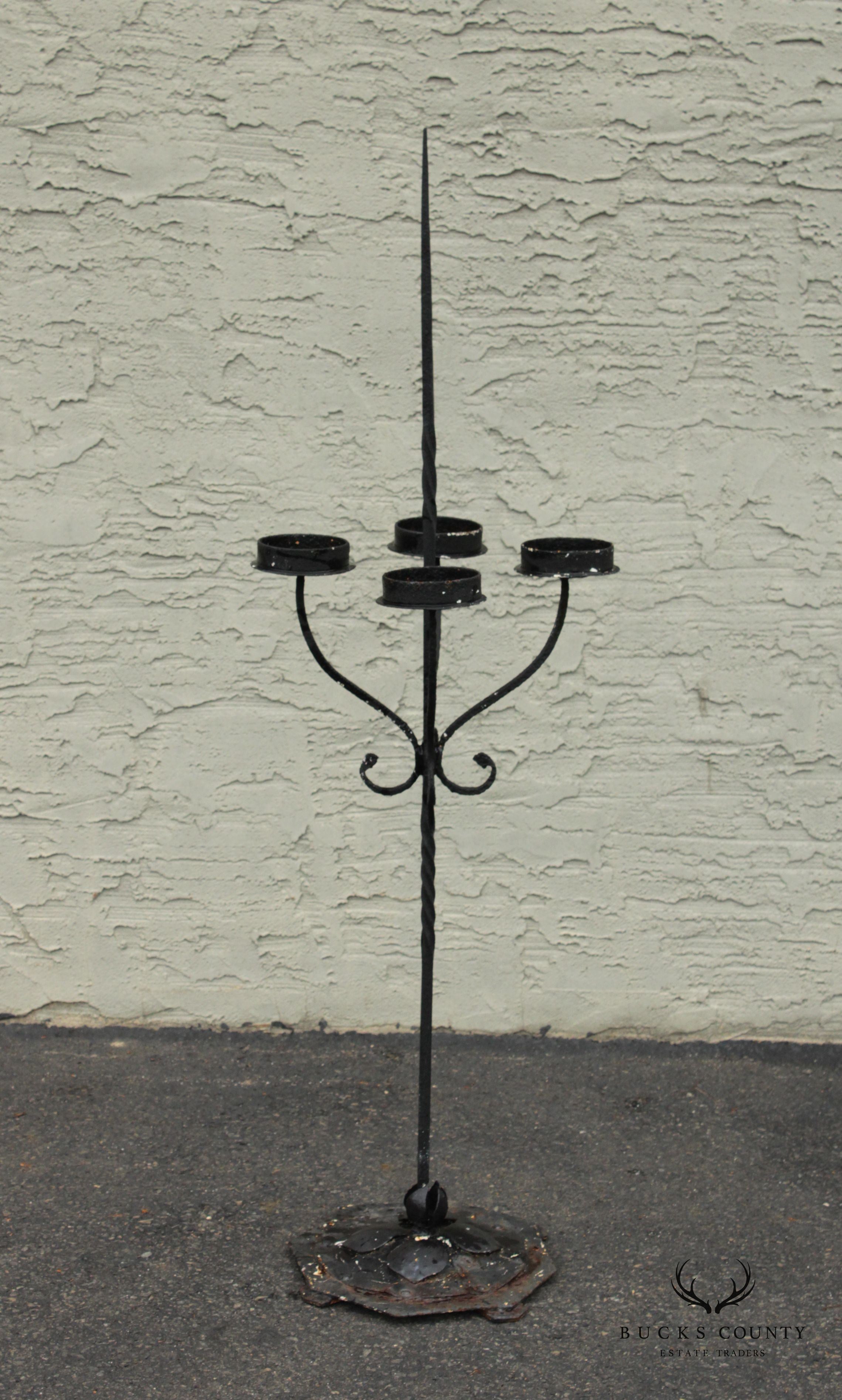 Gothic Revival Style Wrought Iron Outdoor Pillar Floor Candelabrum