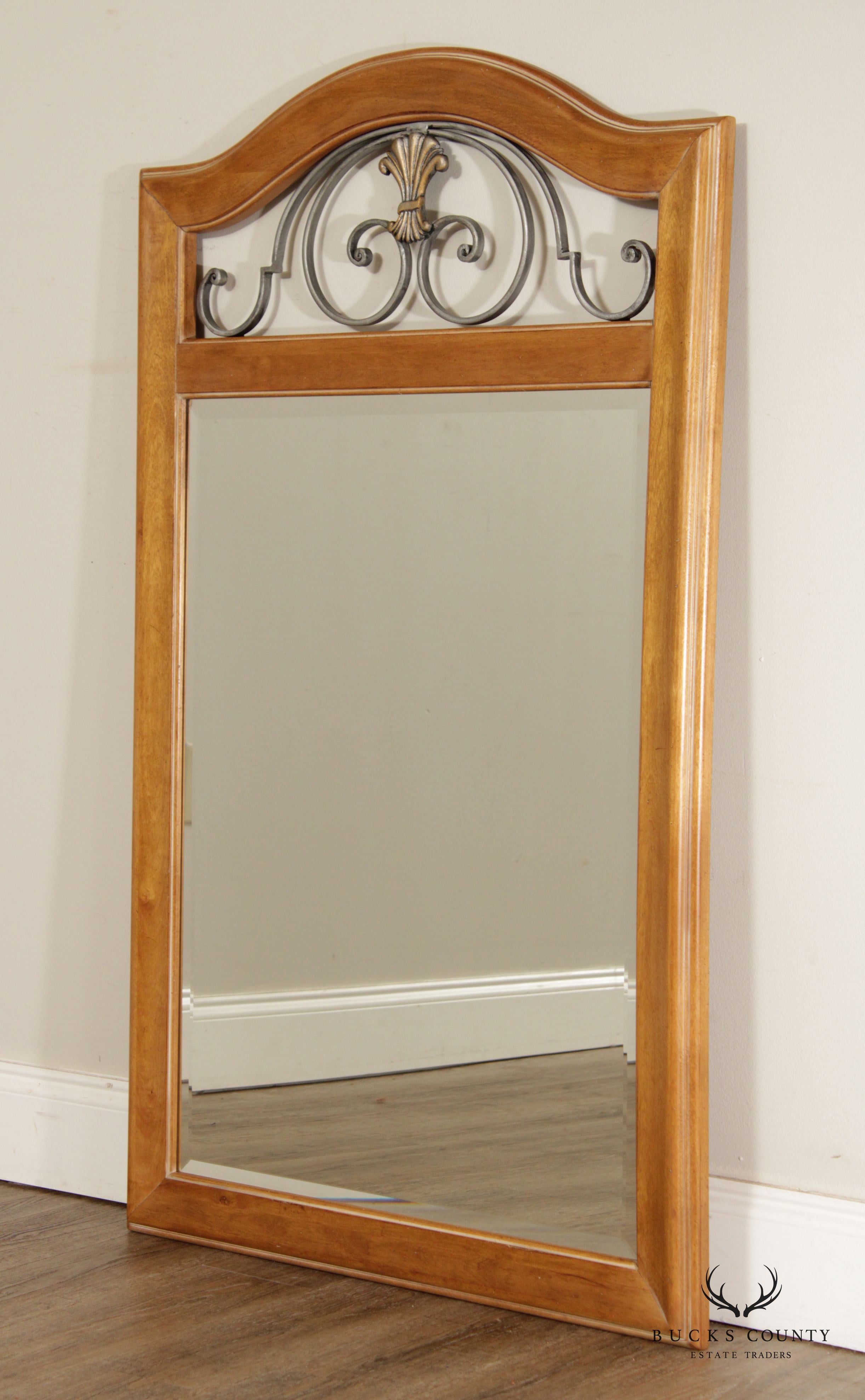 Ethan Allen Country French Maple and Iron Scroll Work Beveled Wall Mirror