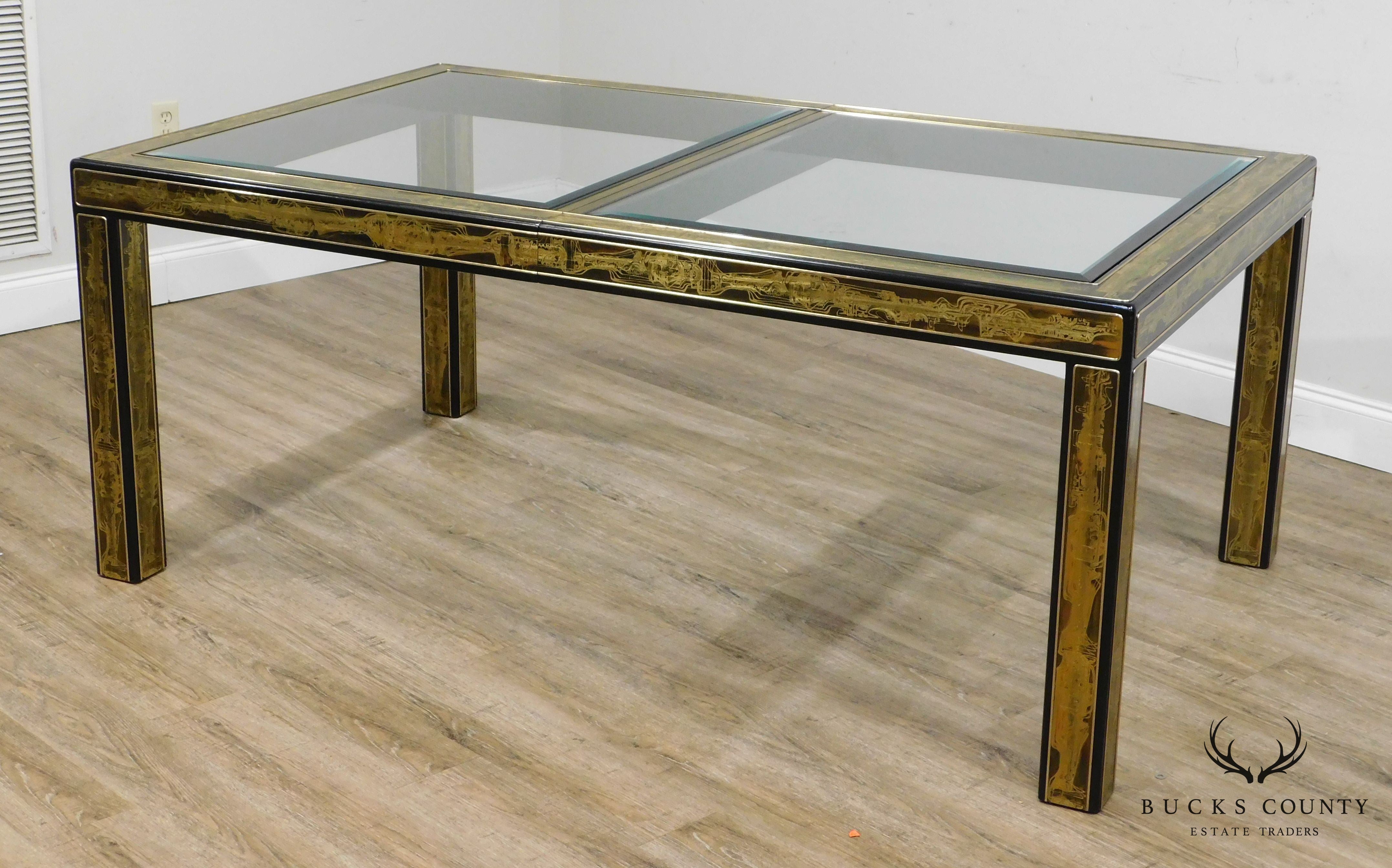 Bernard Rohne Mastercraft Acid Etched Brass, Glass Top Expandable Dining Table