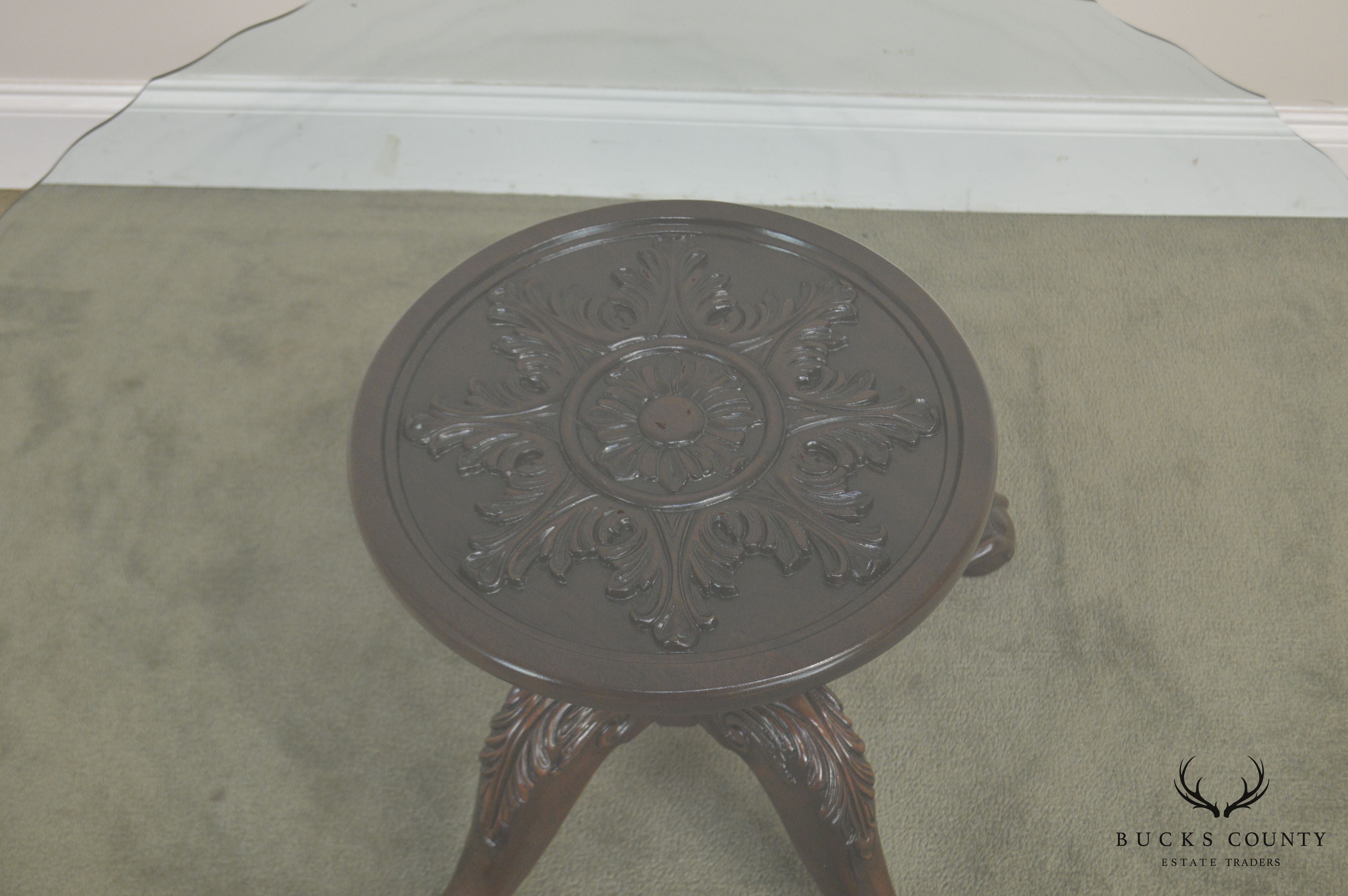 Carved Mahogany Ball & Claw Chippendale Style Glass Top Coffee Table