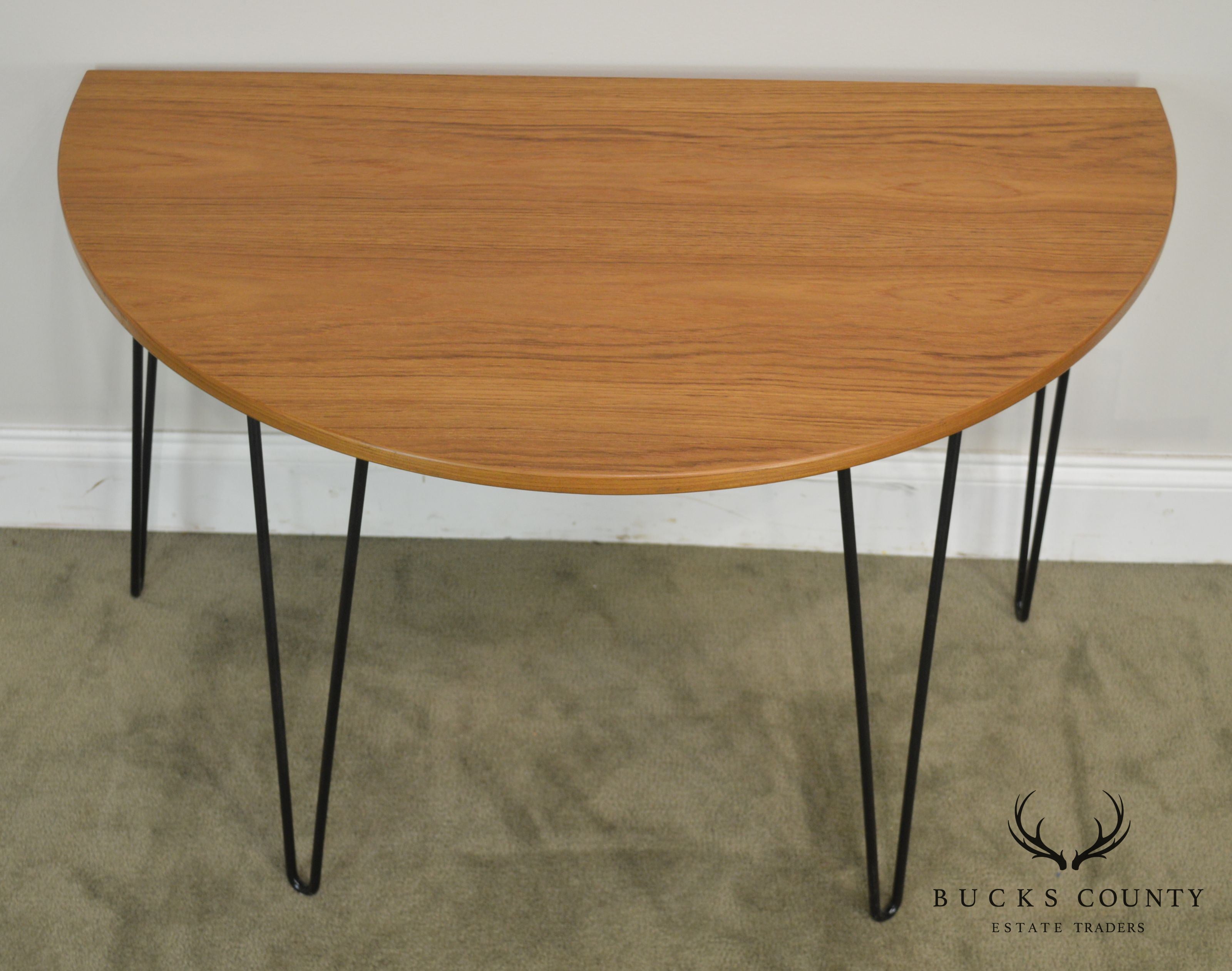 Danish Modern Style Demilune Teak Console Table with Iron Hair Pin Legs