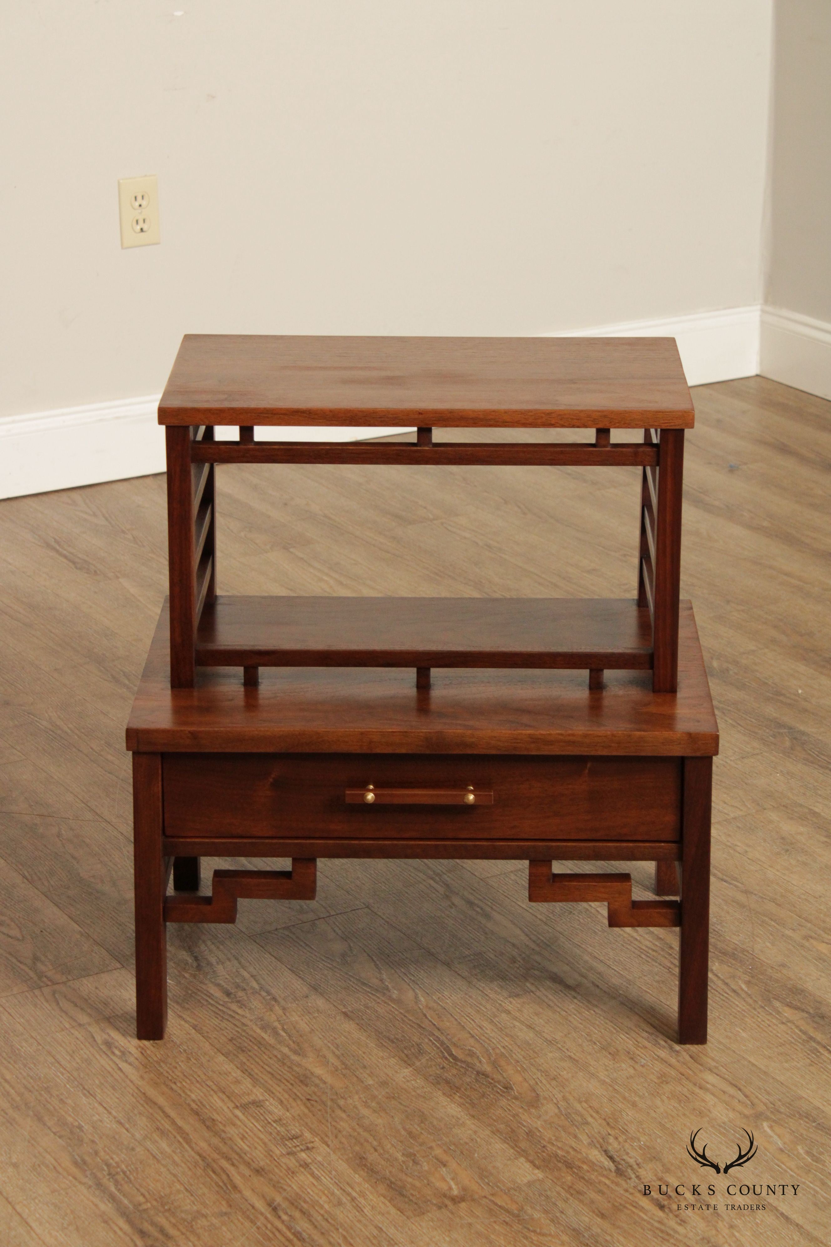 Mid Century Modern Vintage Walnut Asian Inspired Pair of Nightstands