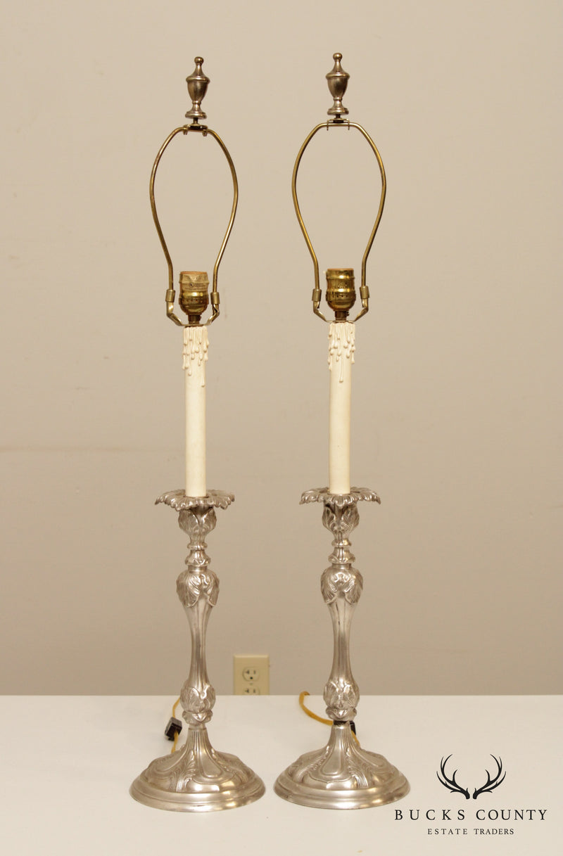 Rococo Style Pair Silvered Brass Candlestick Table Lamps