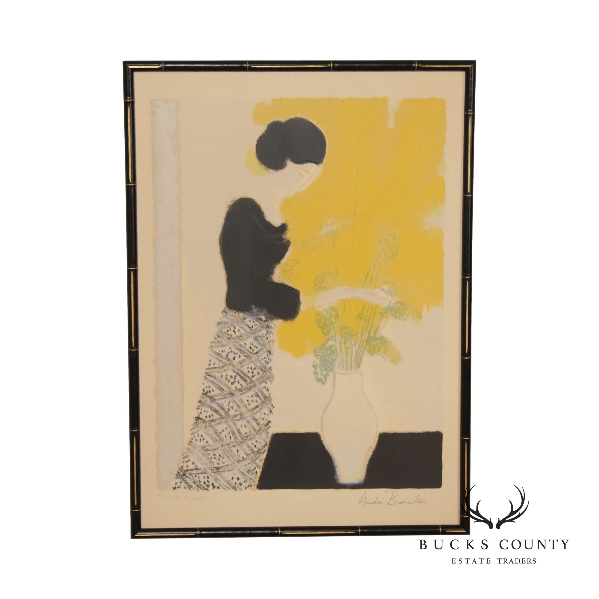 Andre Brasilier Signed Lithograph of Woman with Flowers