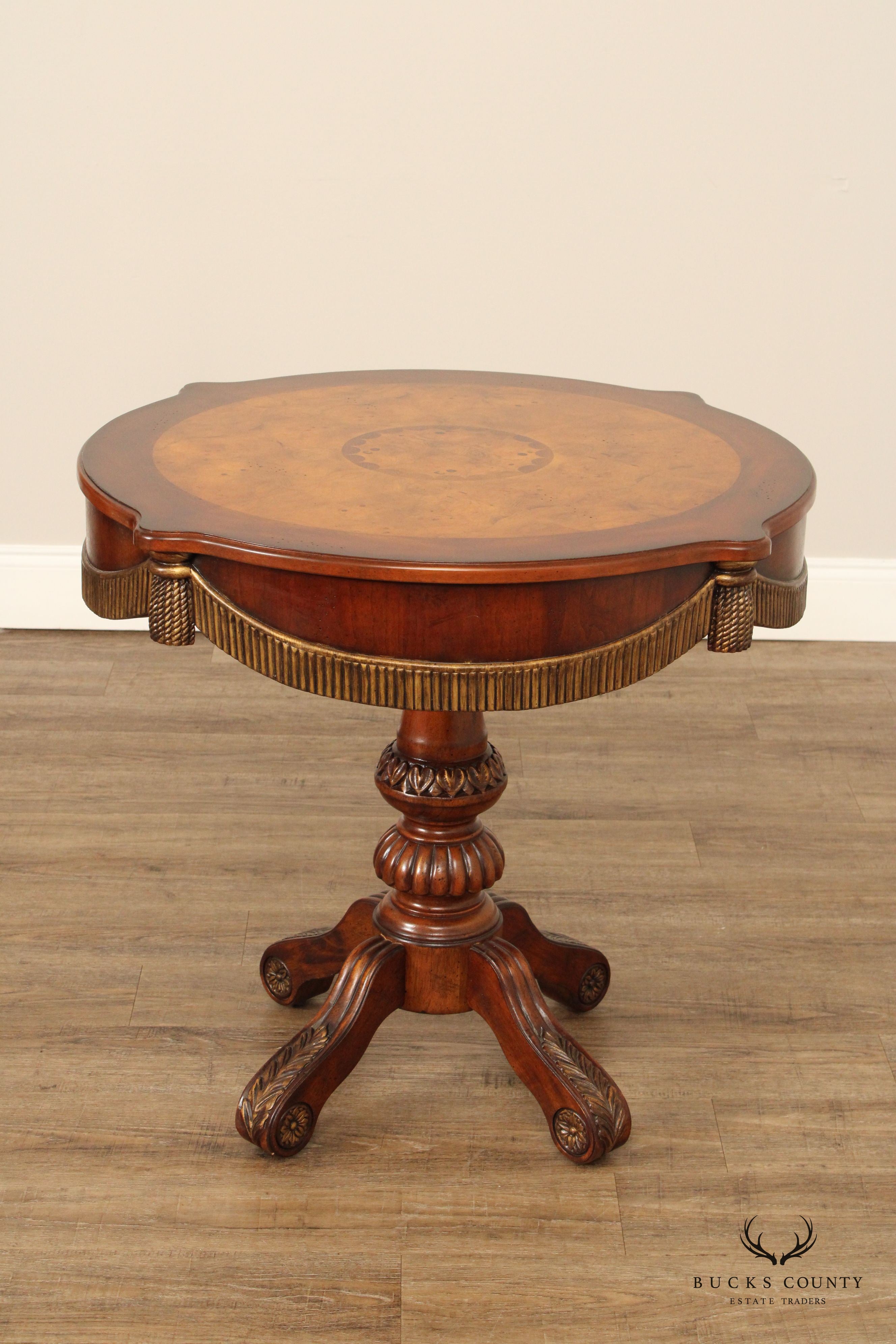 Regency Style Cherry and Burlwood Pedestal Center or Side Table