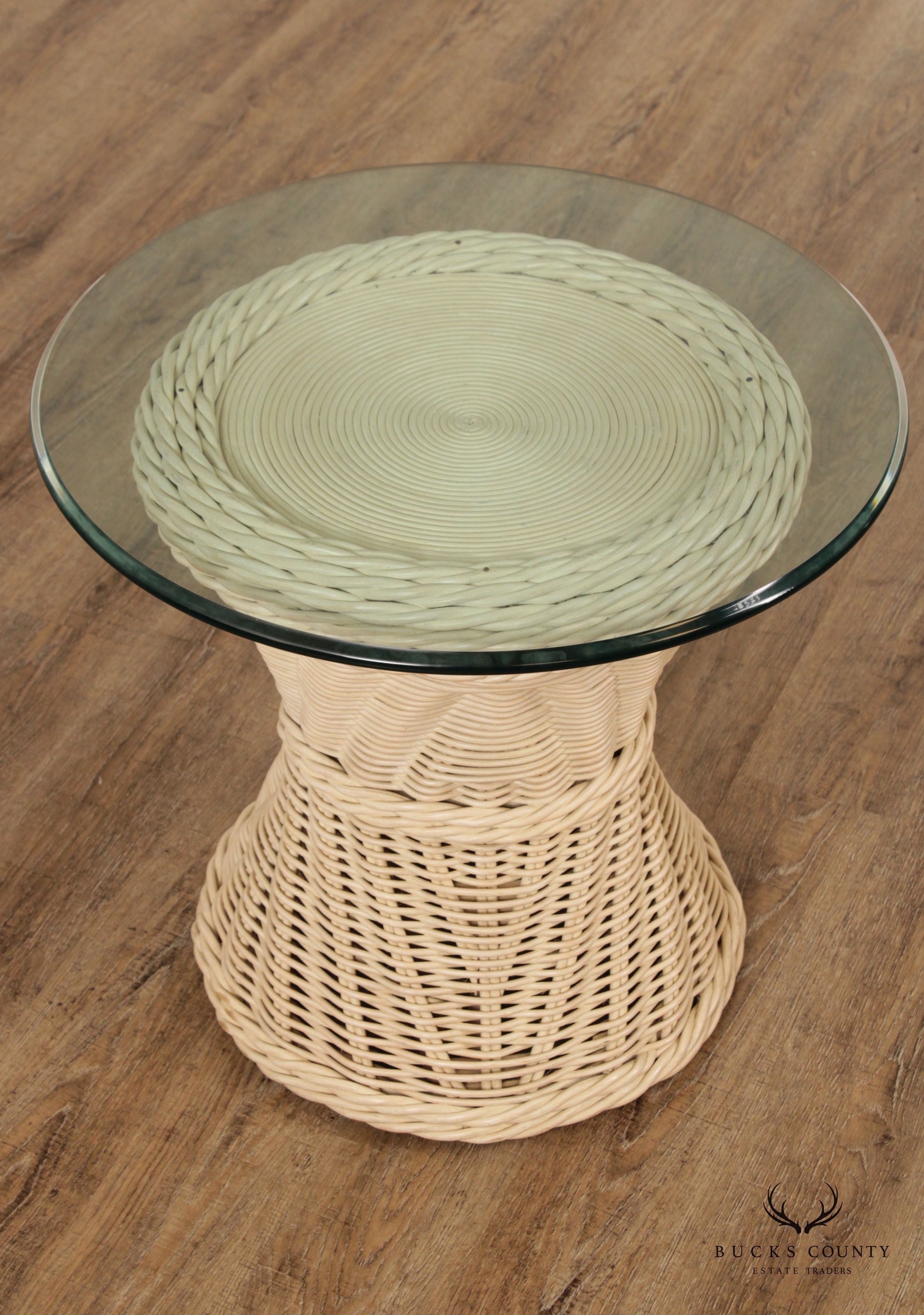 Quality Vintage Round Wicker Rattan Glass Top Side Table (B)