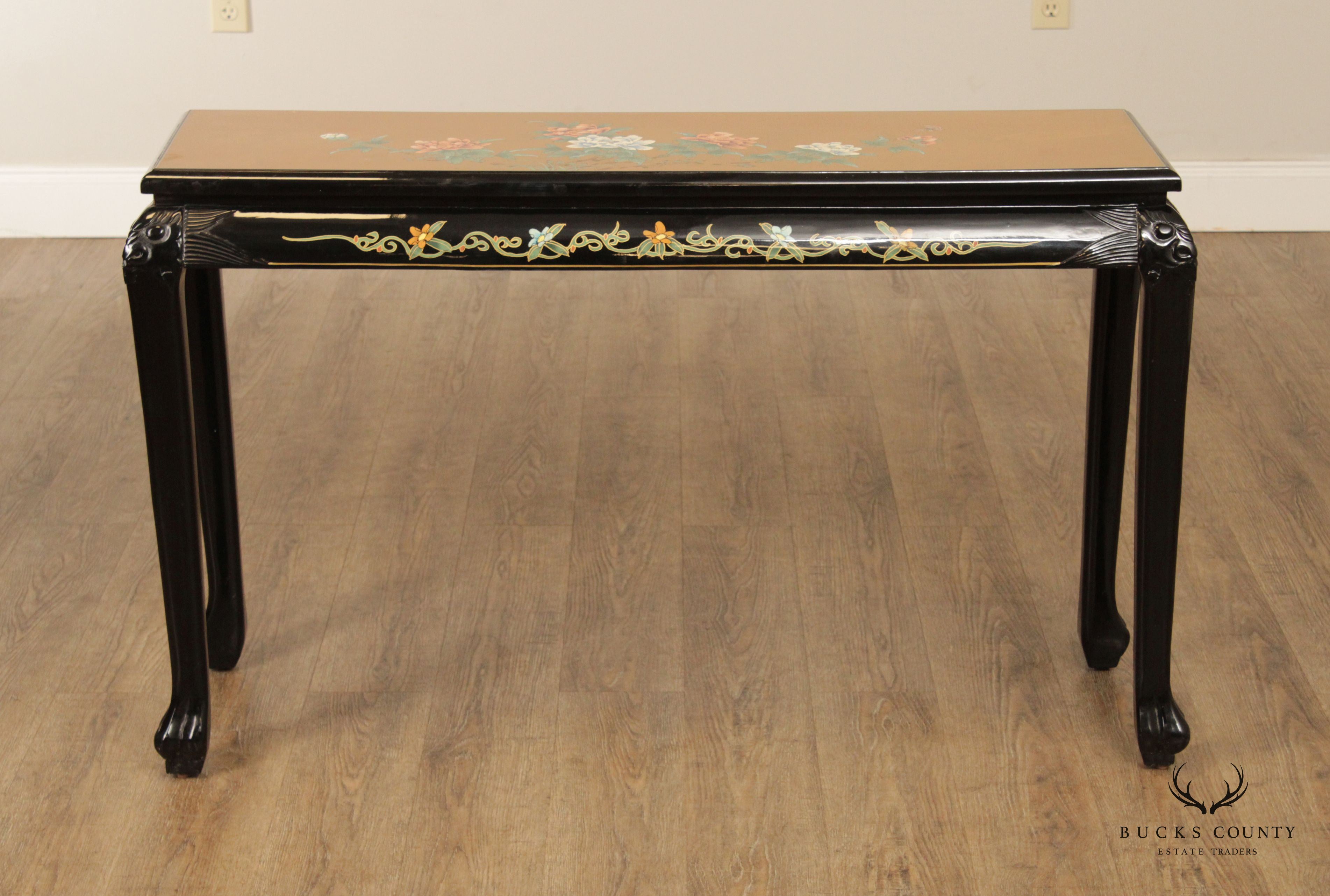 Asian Chinoiserie Lacquered Gold Leaf Console Table