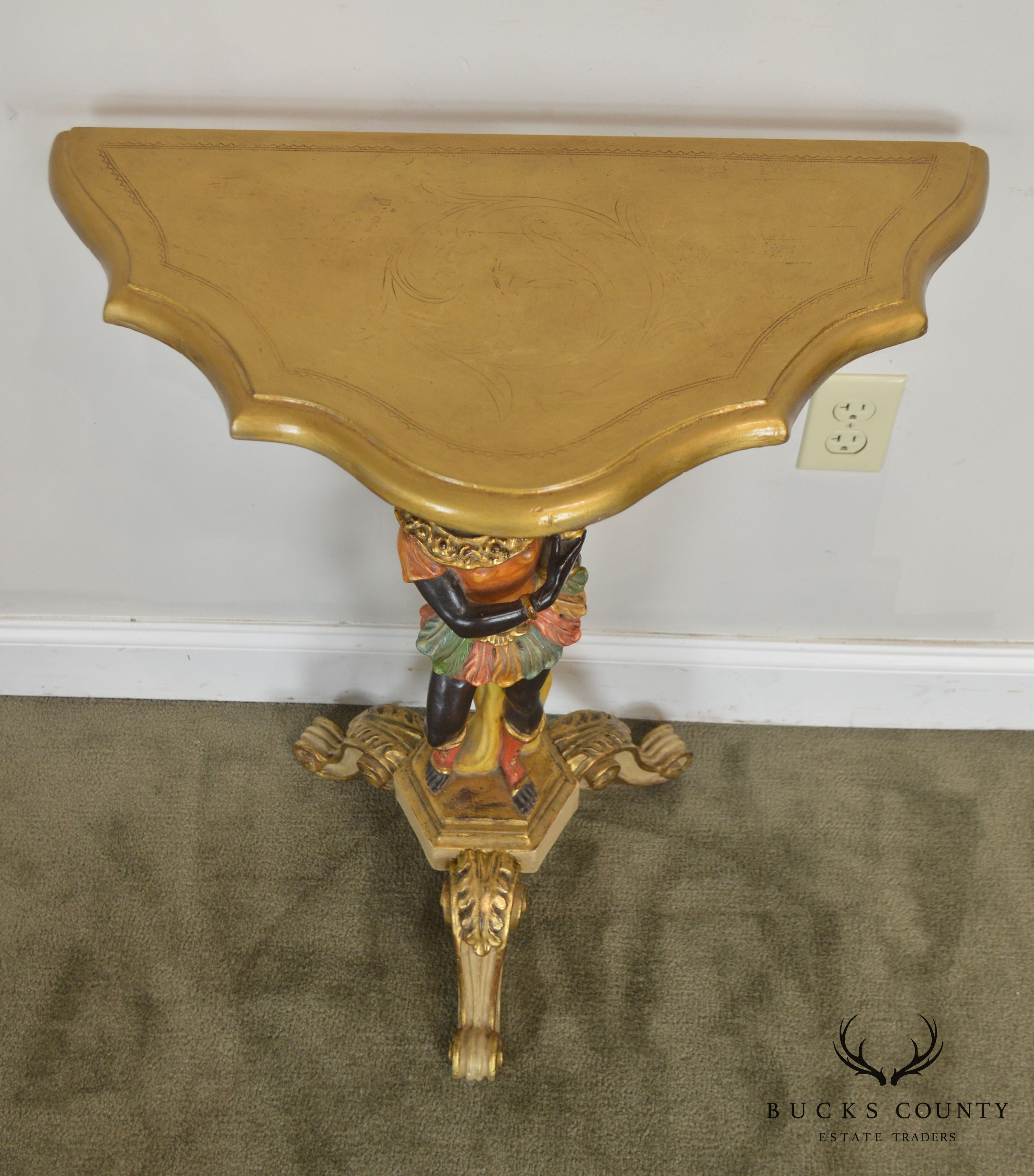 Italian Vintage Gilt Polychrome Carved Blackamoor Pedestal Console Table